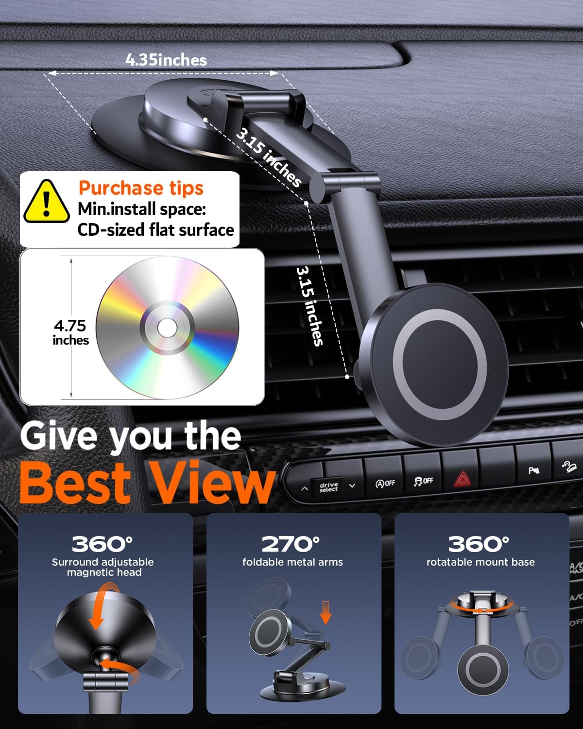 Tophot For Magsafe Car Mount, Car Phone Holder For Dashboard, 360° Rotatable Magnetic Phone Holder For Cars, Strong Adhesive, Sturdy Metal Mount, Compatible With Iphone Samsung (Long Arm)