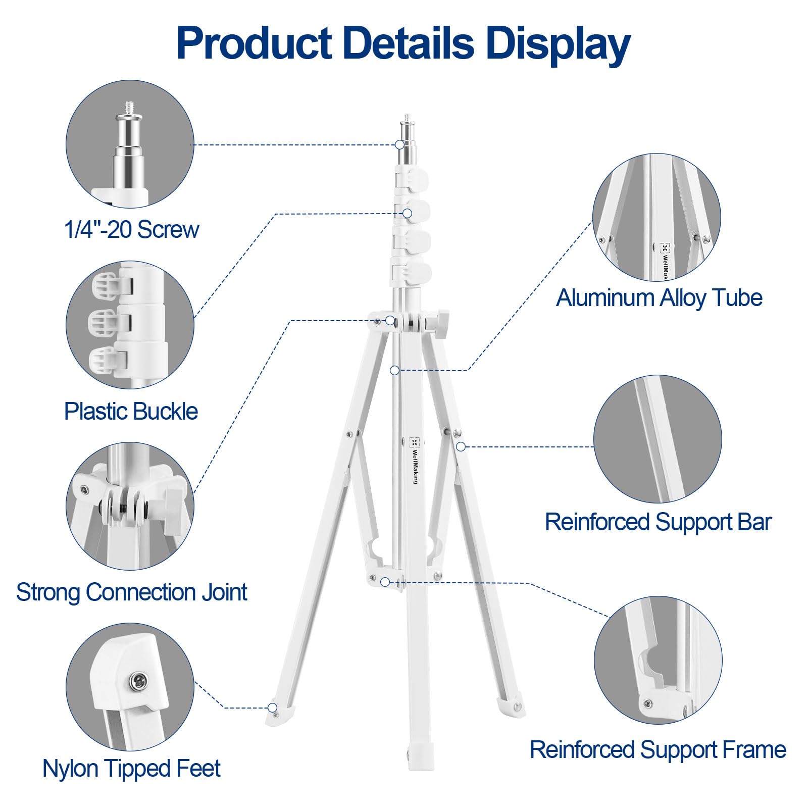 Wellmaking 72" Led Light Stand - Reverse Folding Light Tripod For Photography, Portable, Suitable For Streaming, Vlog, Youtube (White)