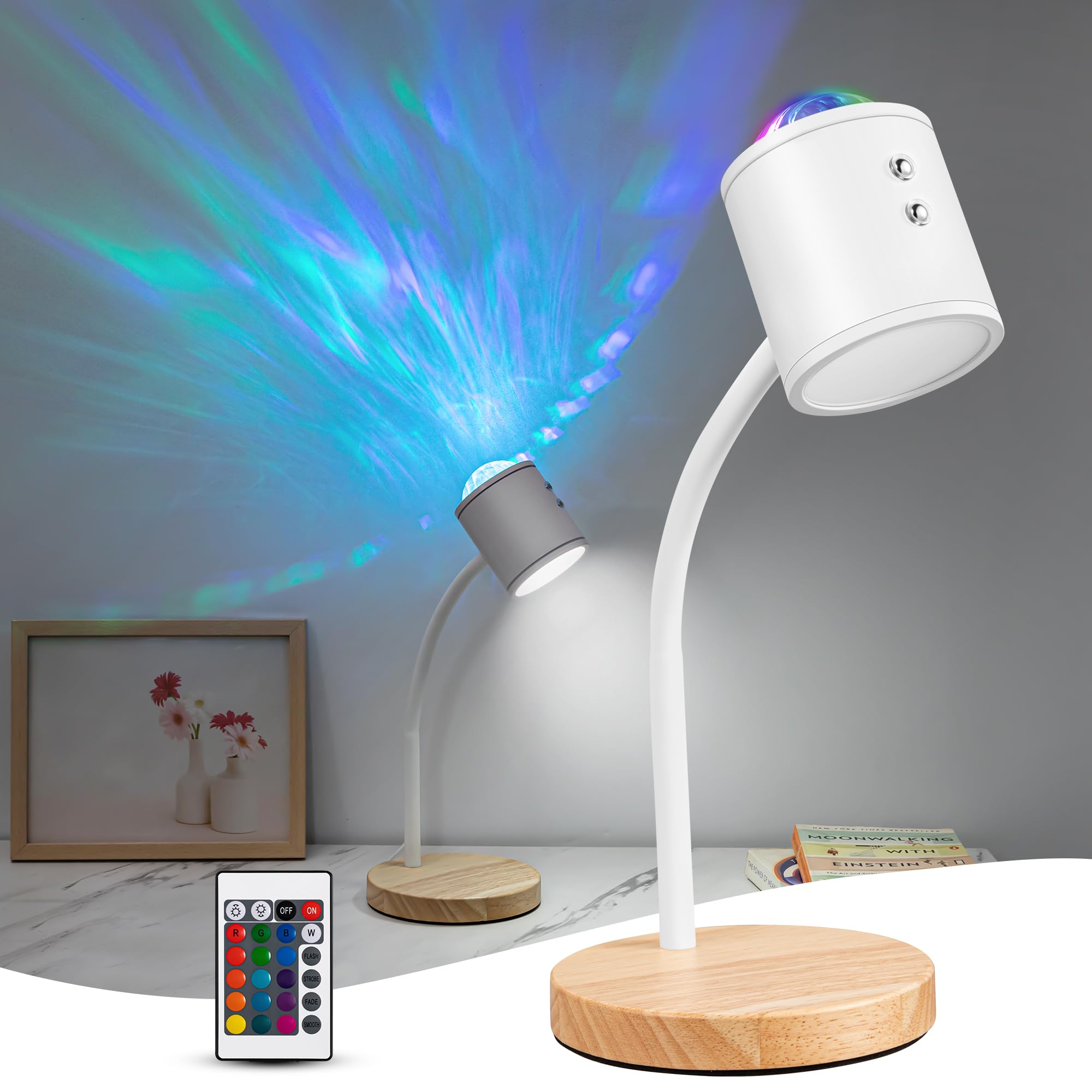 Kiandqu Double Side Lighting Projection Lamp With 3D Ocean Wave Lamp,3 Colors & Dimmable Bright Table Lamp,Adjustable Gooseneck,Mood Lighting For Reading, Living Room, Bedroom …