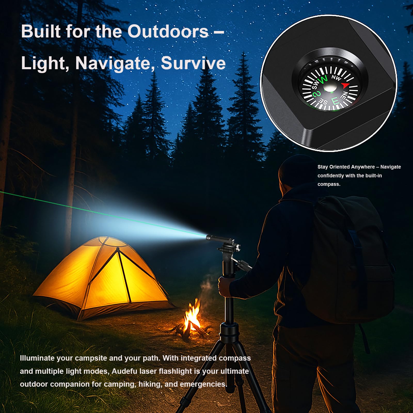 Audefu Work Flashlight With Beam focus & Led, 1200 Lumens, 5 Modes, Compass, 1/4" Tripod Mount, Cold Shoe, Flishlight Pocket Clip – Rechargeable Survival Light For Camping, Hiking, Emergency