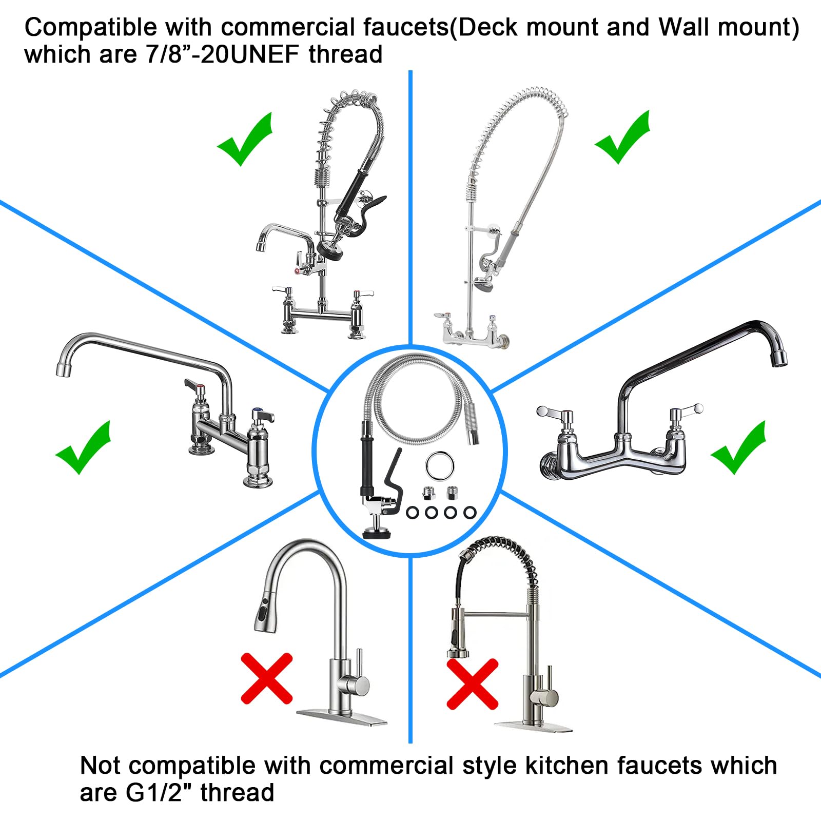 Kanoney Spray Valve With 44" Pre Rinse Hose, Flexible Stainless Hose 1.42 Gpm Commercial Sink Dish Sprayer Head With Ergonomic Handle Replacement Kits For Wall Mount Kitchen Restaurant Faucet, Black
