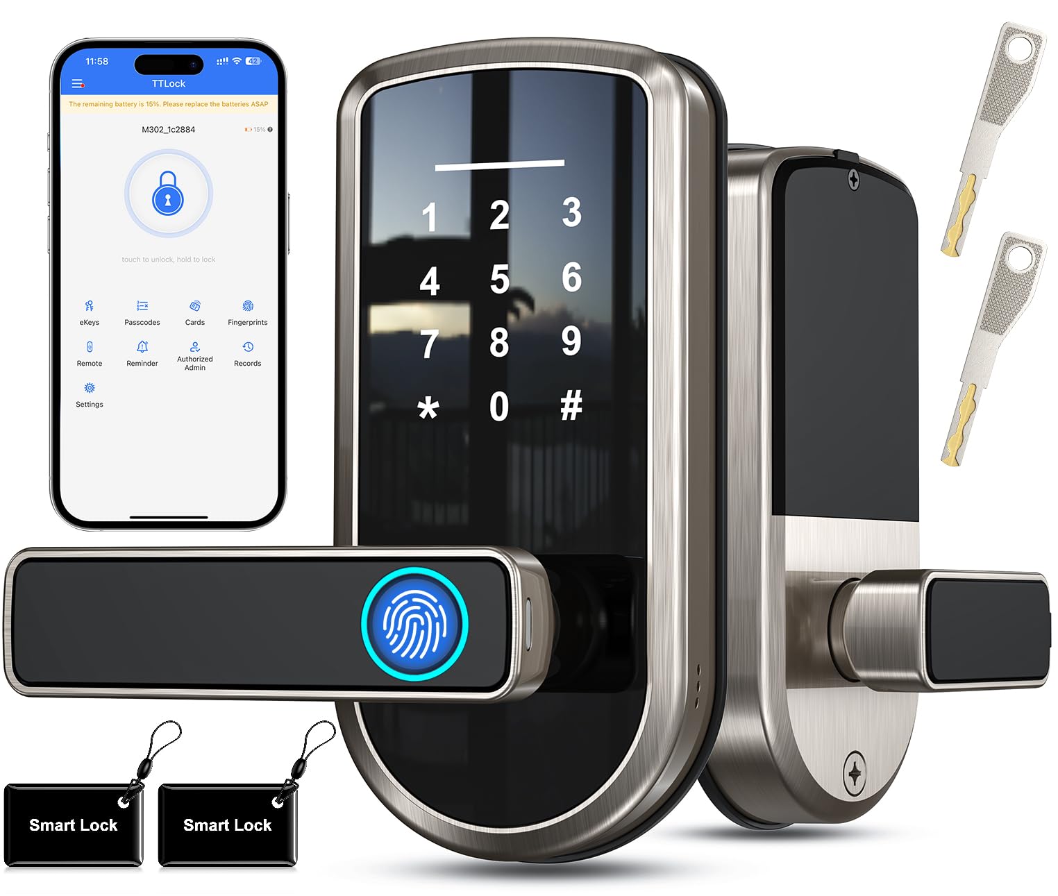 Outne Keyless-Entry Fingerprint Smart Door Lock, Smart Locks For Front Door With Code Passcode App Control All In One Zinc Alloy Electronic Digital Door Lock With Keypad, Easy Installation
