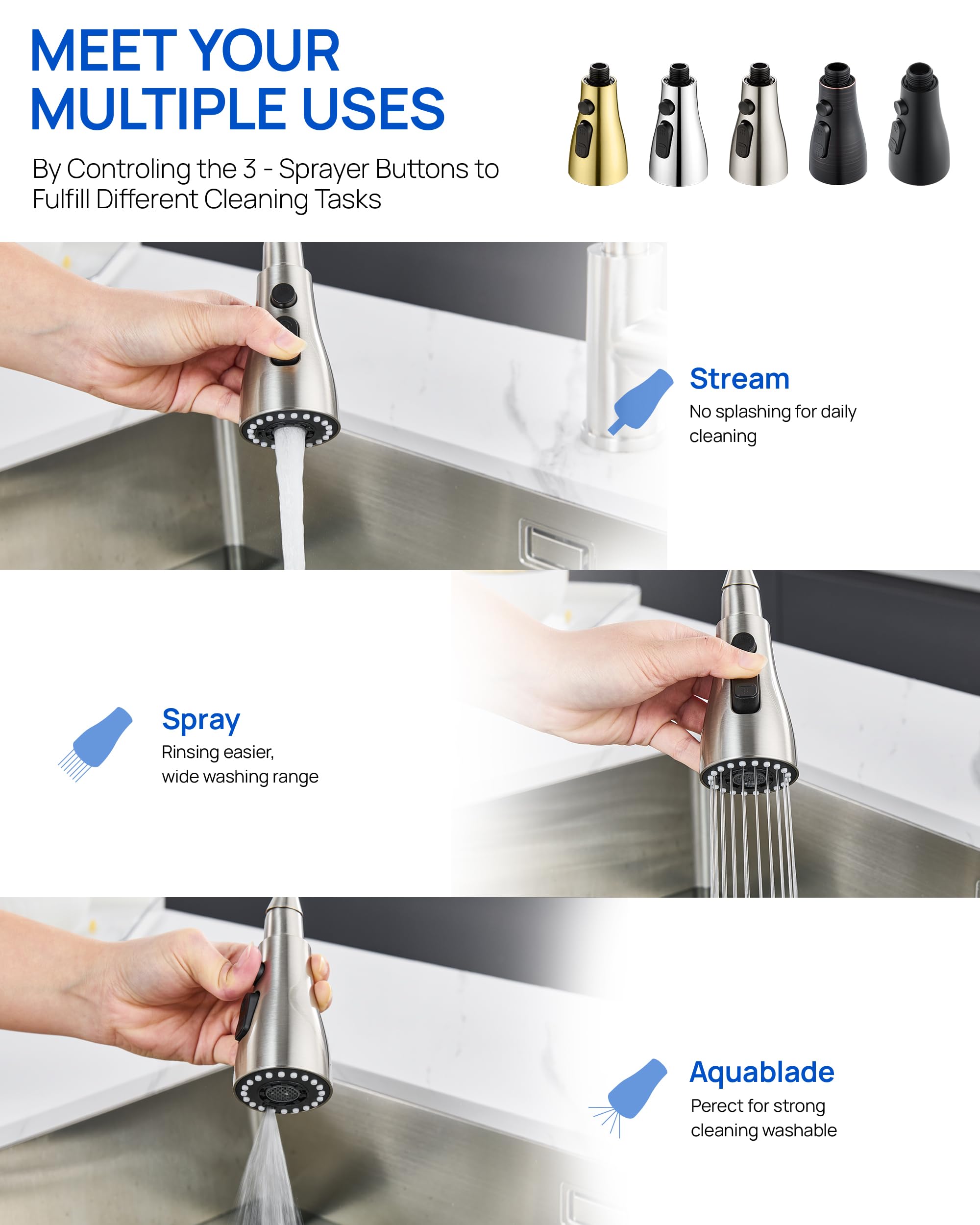 J-Hva Pull Down Kitchen Faucet Sprayer Head Replacement Part With 15 Adapters, 3 Function Pull Out Sink Sprayer Replacement Nozzle, Kitchen Faucet Head Hose Spray Tap Spout, Brushed Nickel