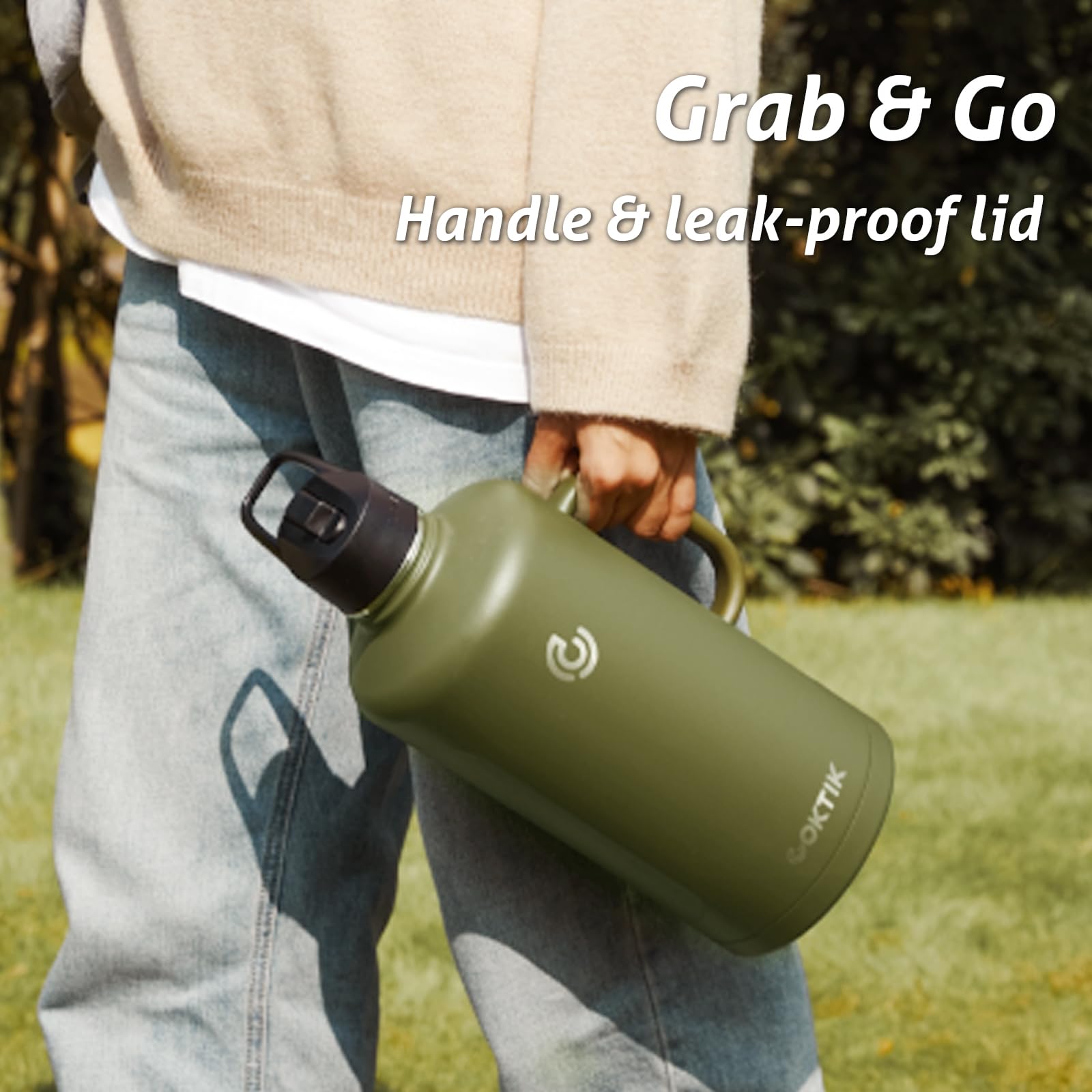 Coktik 64 Oz/Half Gallon Insulated Water Bottle Jug With Straw And Handle, Double Walled Stainless