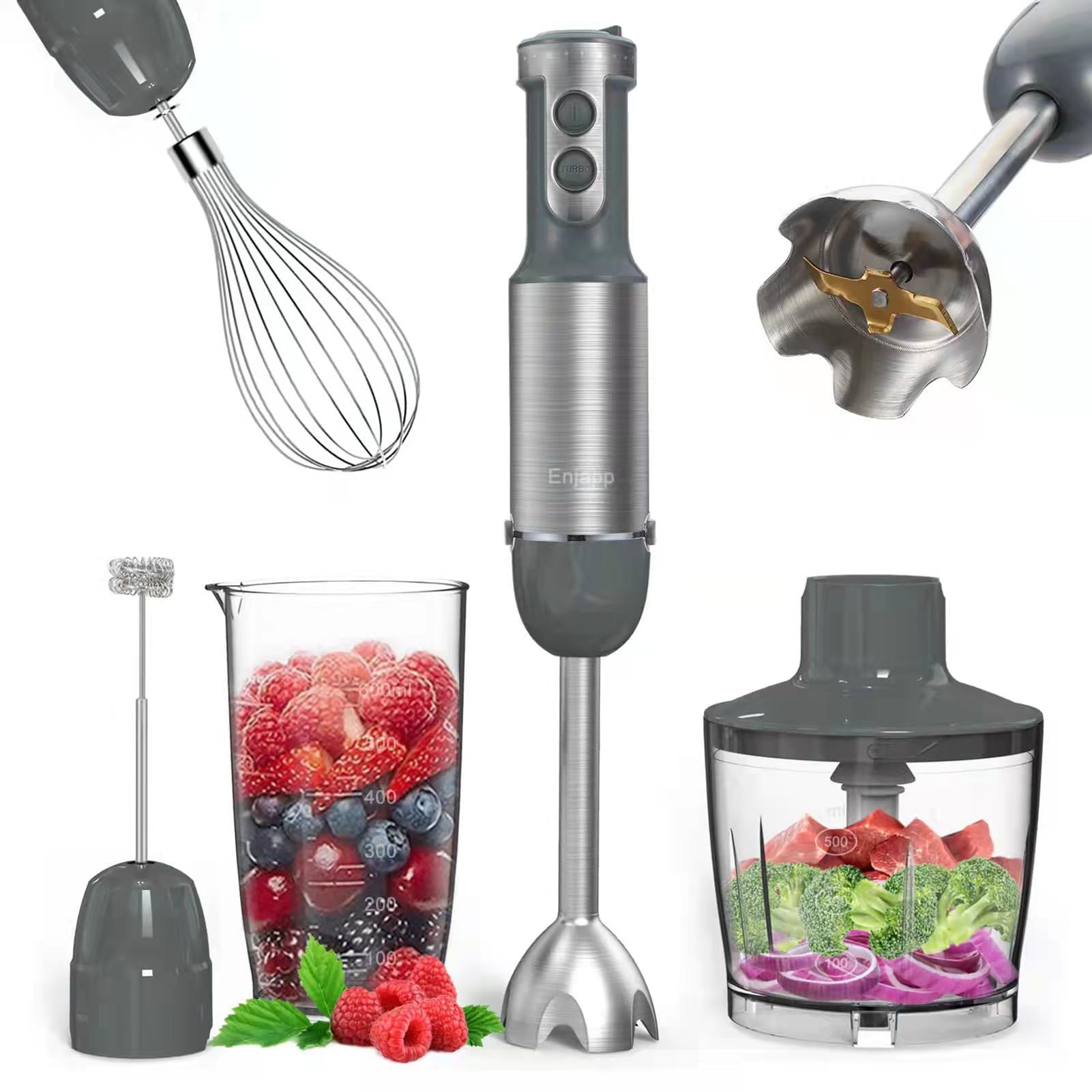 Cometx Multi-Functional 5-In-1 Hand Blender Stick Blender Milk Frother Egg Whisk With Adjustable Speeds 500Ml Food Grinder/ 600Ml Container