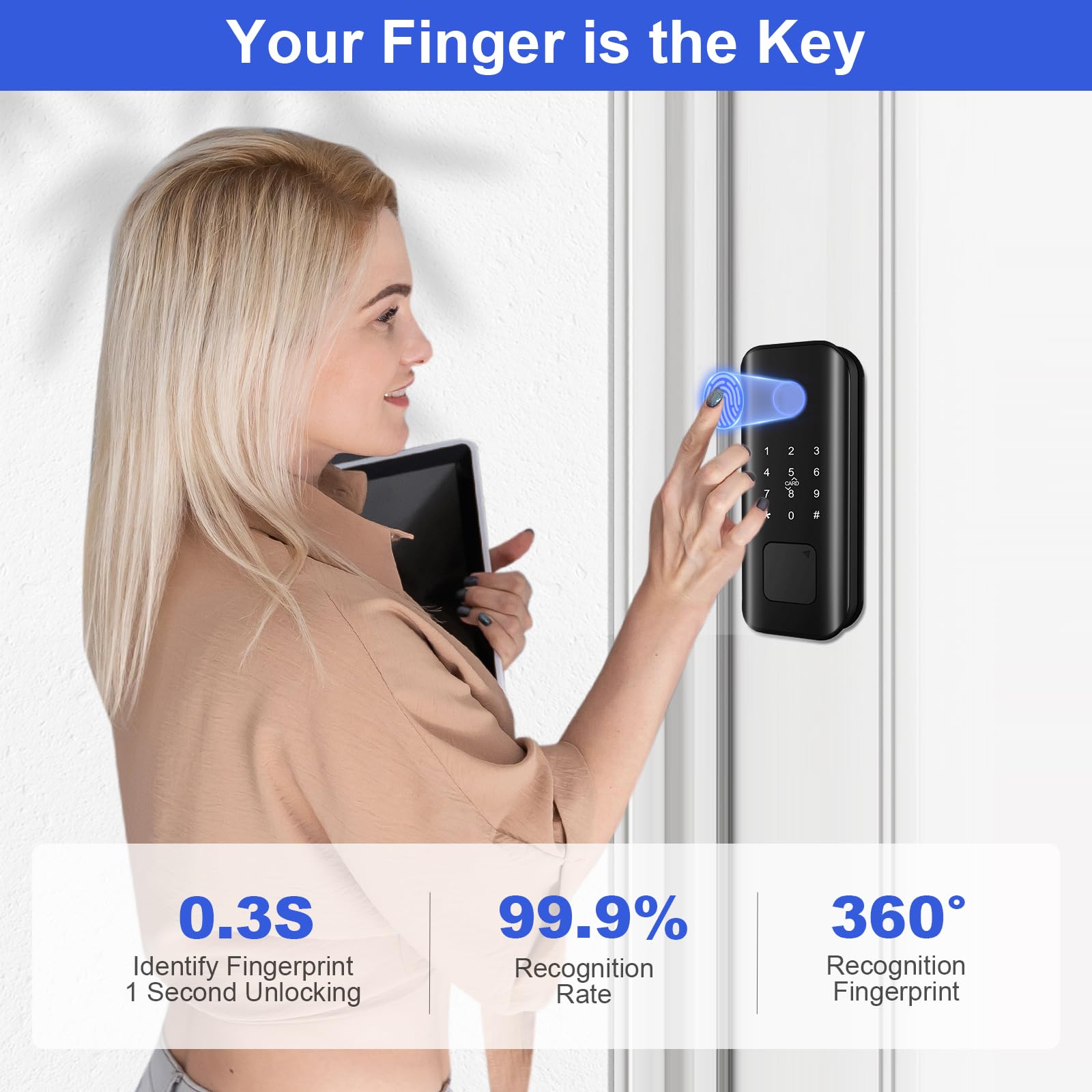 Dinstech Smart Keyless Entry Door Lock With Fingerprint & Touchscreen Keypad, Auto Lock, Bluetooth Control (Black)