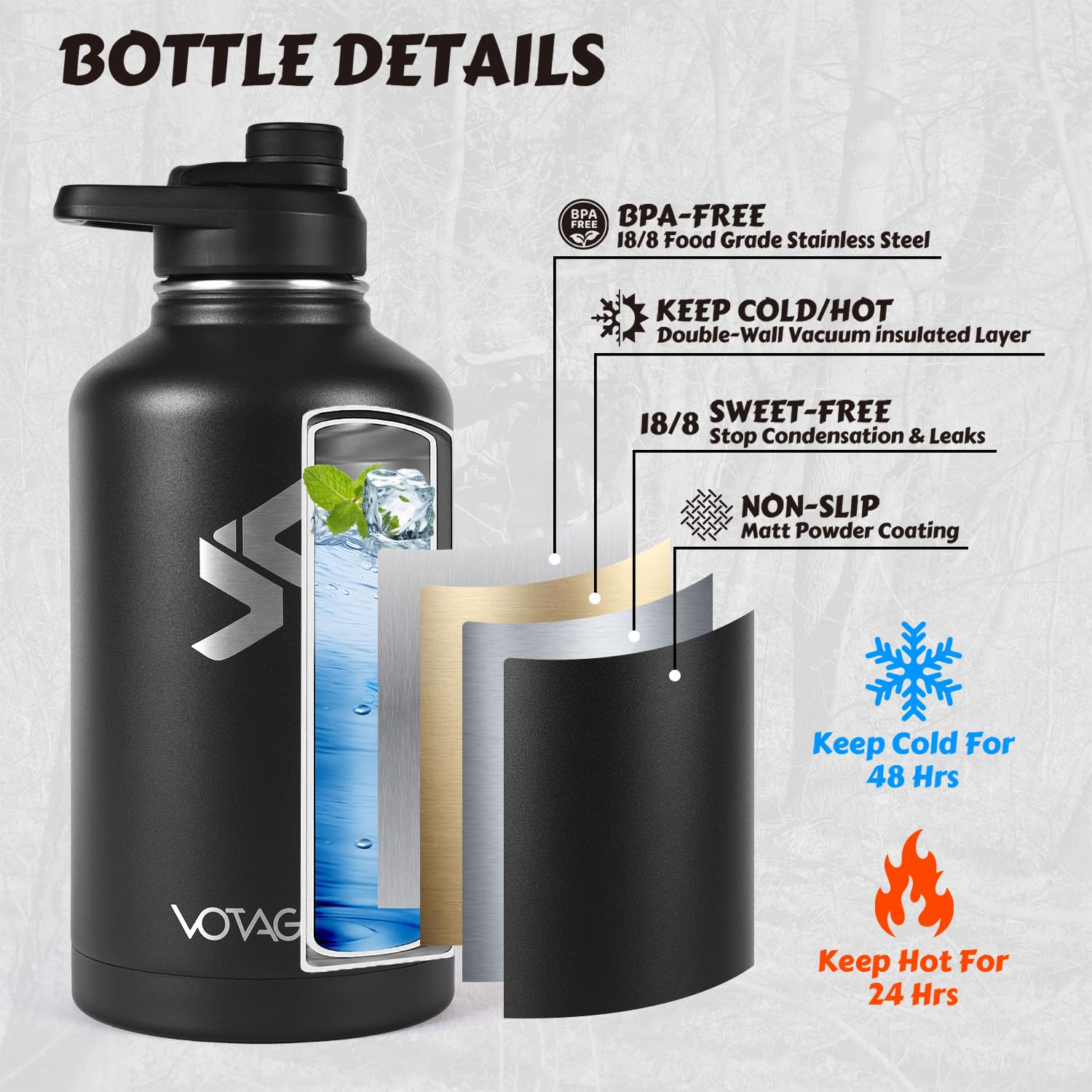 64Oz Tactical Water Bottle - Half Gallon Stainless Steel Insulated Water Bottle, Metal Military