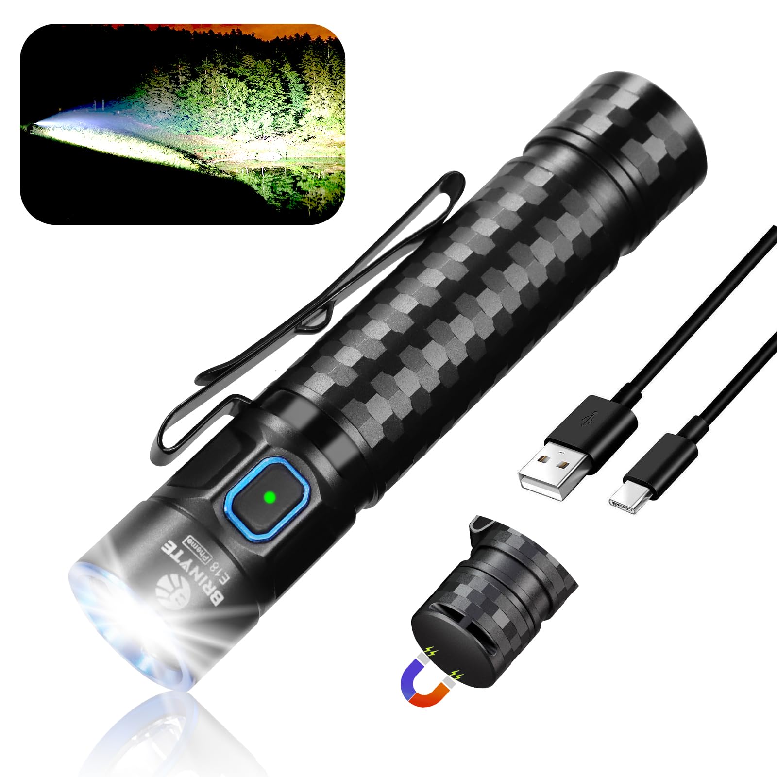 Brinyte E18 Rechargeable Led Flashlight Work Light With Magnetic Base For Hands- Lighting, 1200 Lumens Compact Bright Edc Pocket Light, Ip68 Waterproof For Home, Outdoors, And Emergency