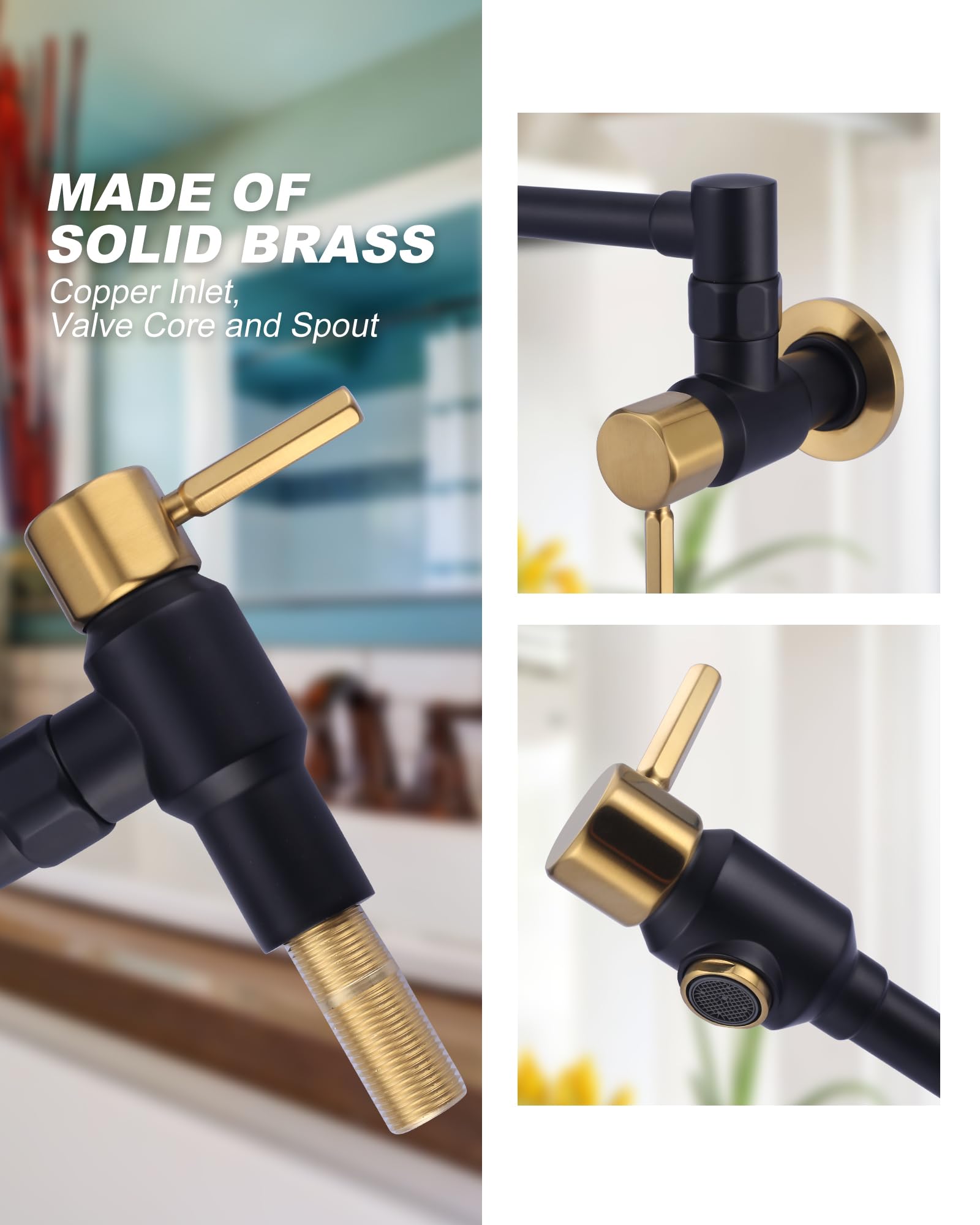 Aleasha Black And Gold Pot Filler Faucet: Solid Brass Made Heavy Duty Pot Filler, Wall Mount Pot Filler 2 Handles With Double Joint Swing Arms Over Stove For Kitchen