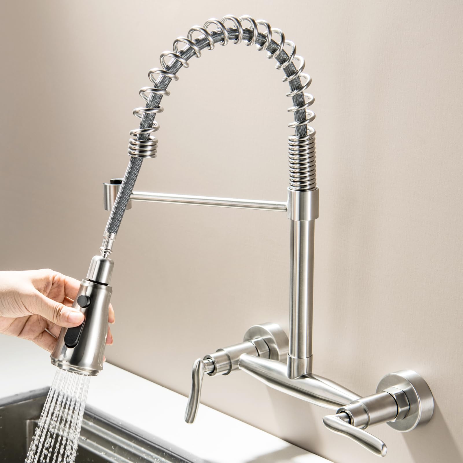 Guoyindong Wall Mount Kitchen Faucets, Wall Mounted Kitchen Faucet 8 Inch Center Brushed Nickel Wall Kitchen Sink Faucets With Sprayer