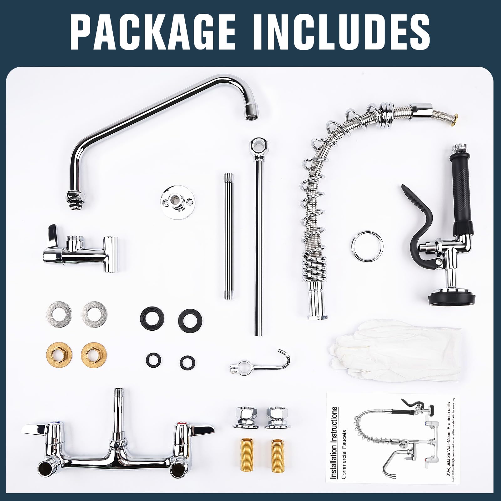 Bzimak Commercial Faucet With Sprayer, 25 Inch Height Commercial Sink Faucet Wall Mount With 8" Adjustable Center And 12" Add-On Swing Spout & Pull Down Pre Rinse Sprayer