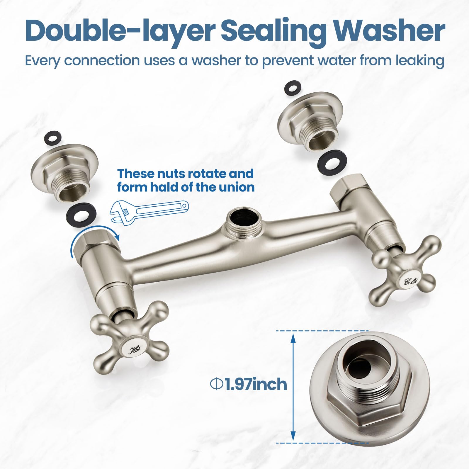 Airuida Brushed Nickel Wall Mounted Kitchen Faucet 8 Inch Center Wall Mount Commercial Sink Faucet 360 Degree Swivel Spout Utility Laundry Restaurant Sink Tap With 2 Handles