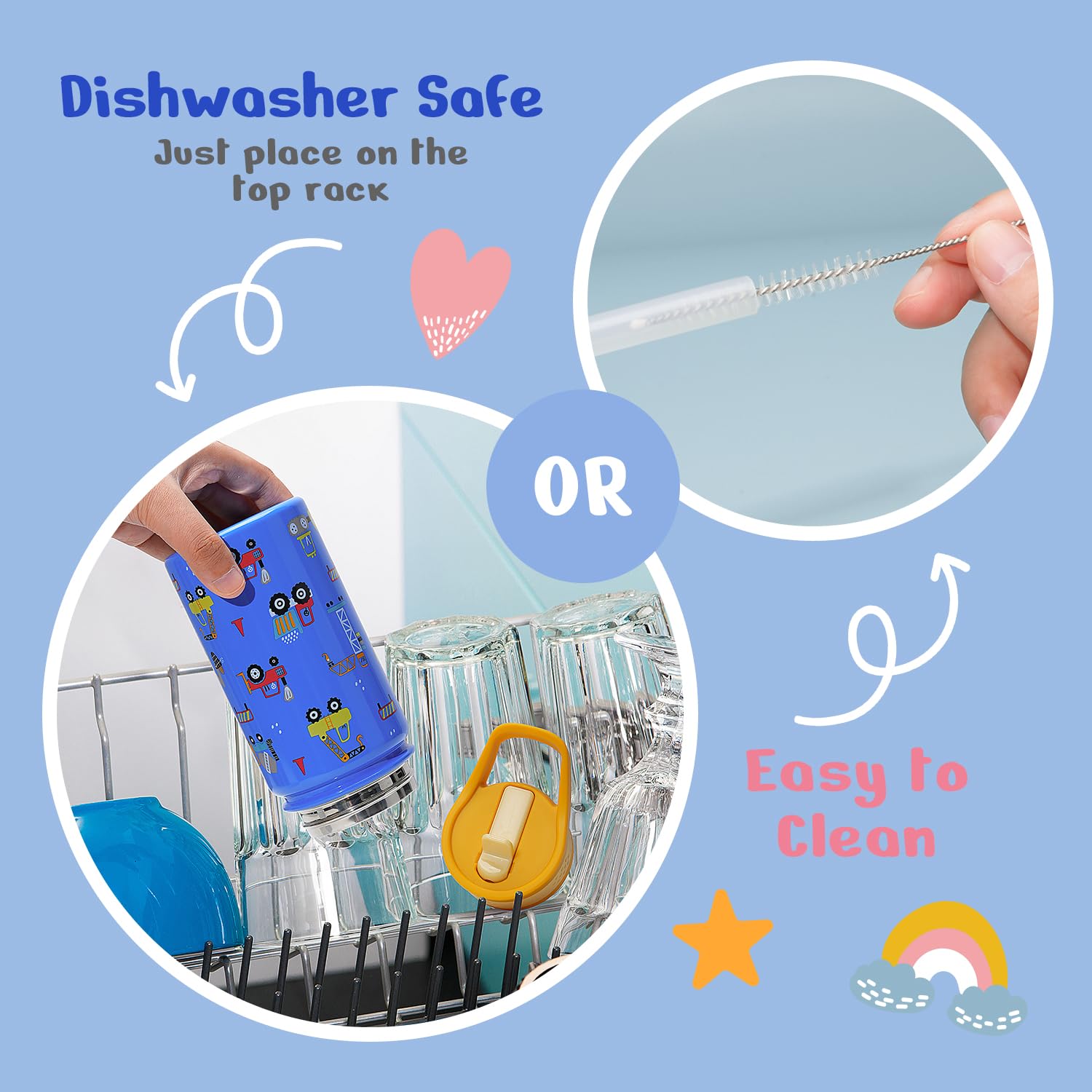 2 Pack Insulated Kids Water Bottle, Buzio 14Oz Stainless Steel Water Bottles With Tritan Straw Lid