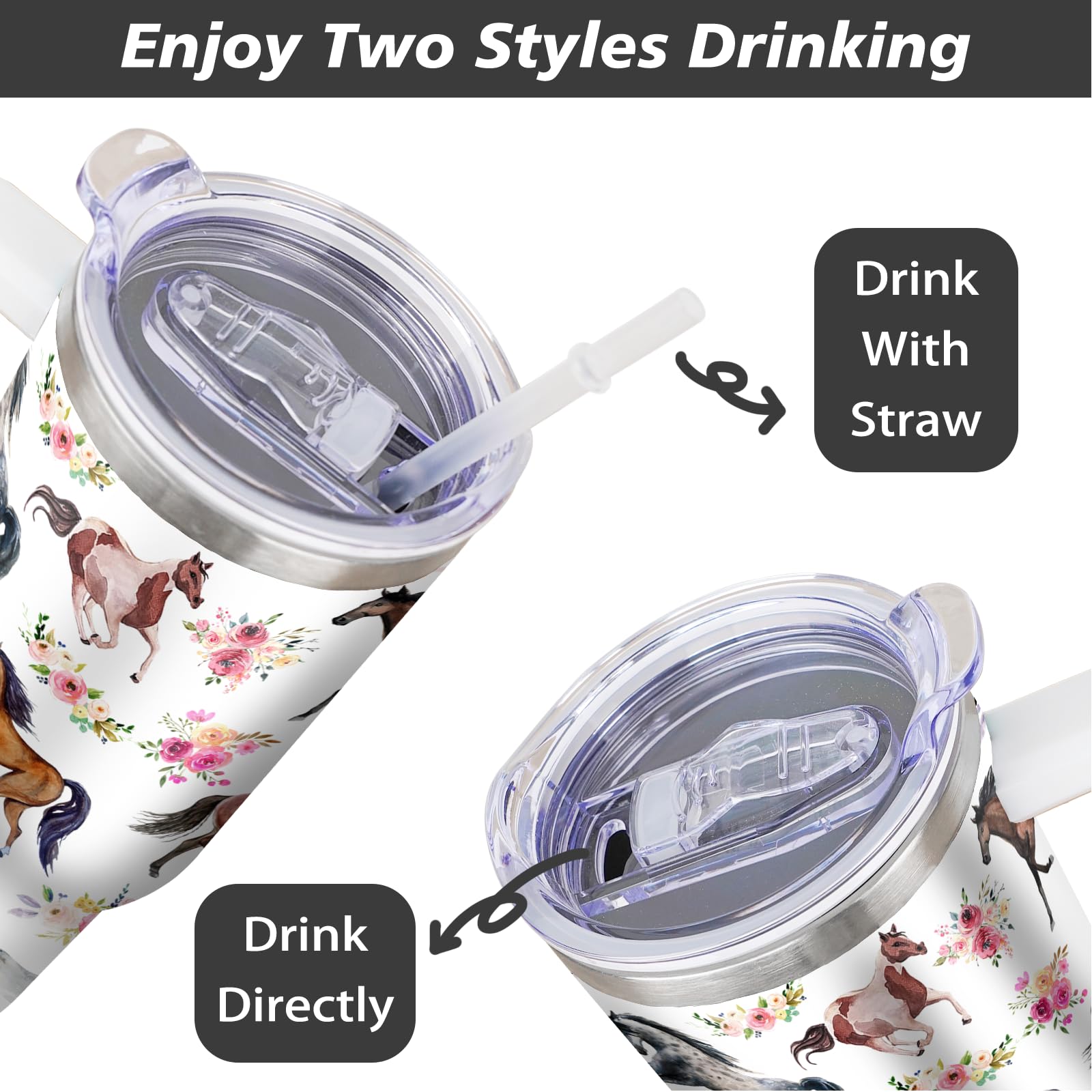 30 Oz Horse Tumbler With Handle And Straw, Floral Stainless Steel Vacuum Insulated Travel Coffee