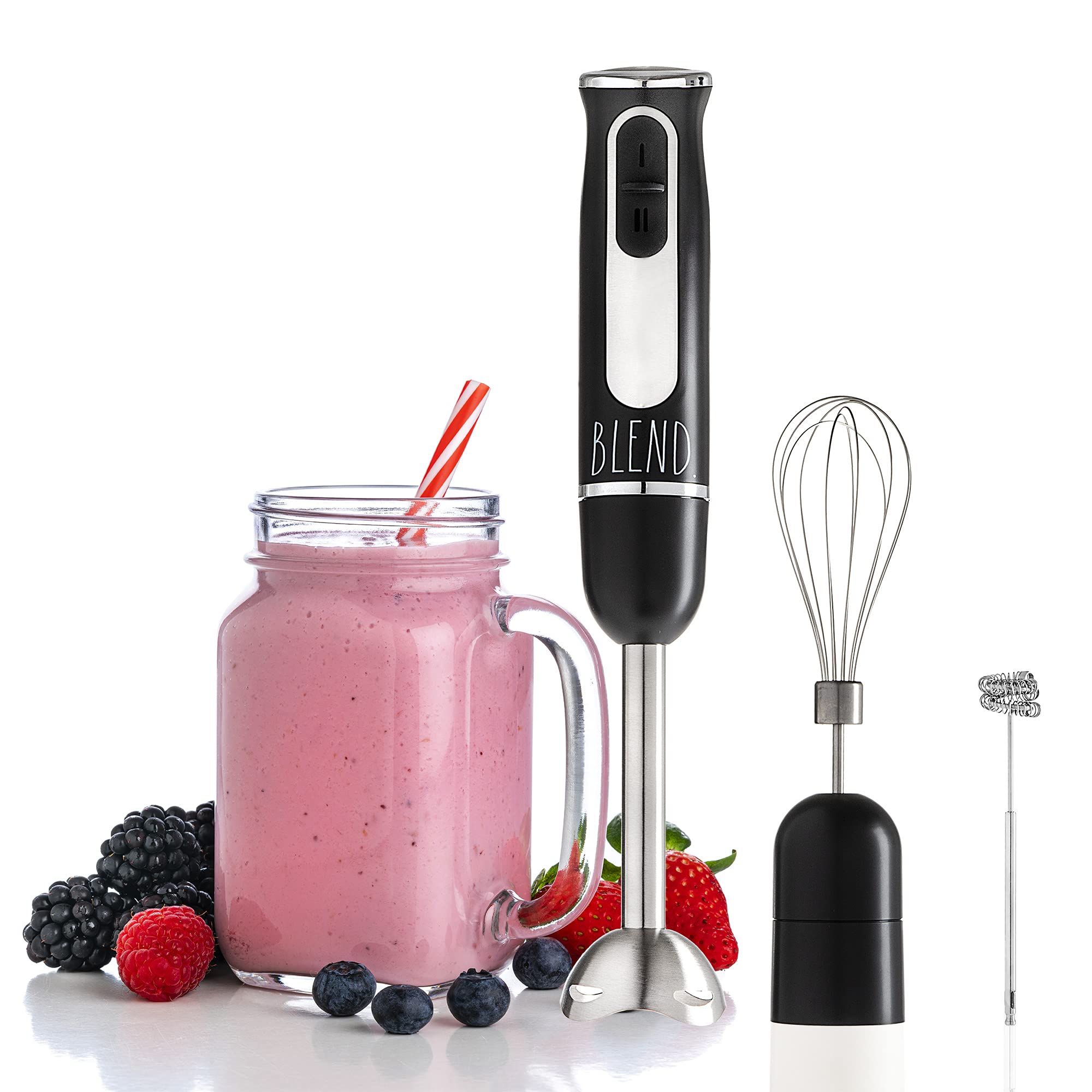 Rae Dunn Immersion Hand Blender- Handheld Immersion Blender With Egg Whisk And Milk Frother, 2 Speed Blender, 500 Watts, Stainless Steel Blade, Black, With Attachments