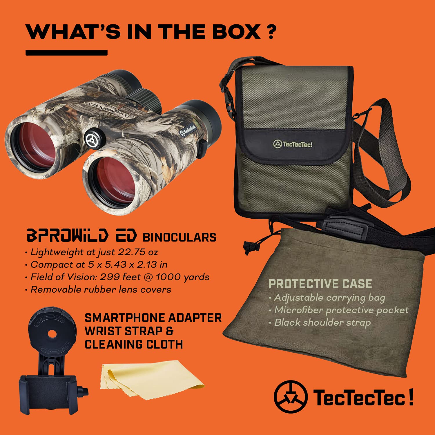 Tectectec Bpro Wild 10X42 Ed Hunting Binoculars Outdoors Bird Watching Hd Professional Binoculars With Phone Mount Strap Carrying Bag For Travel Sports, And Wildlife Scenery - Camo