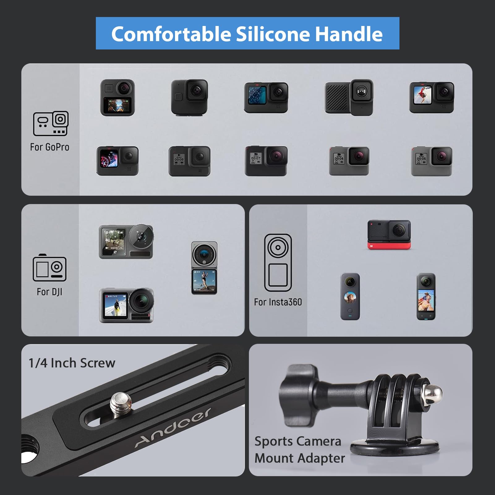 Andoer Submersible Stabilizer Mount, Handheld Stabilizer For Action Camera With Mounts For Cold Shoes Strap Compatible With Gopro Hero 12/11/10, Dji Osmo Action 4/3/2, Insta360, Azul