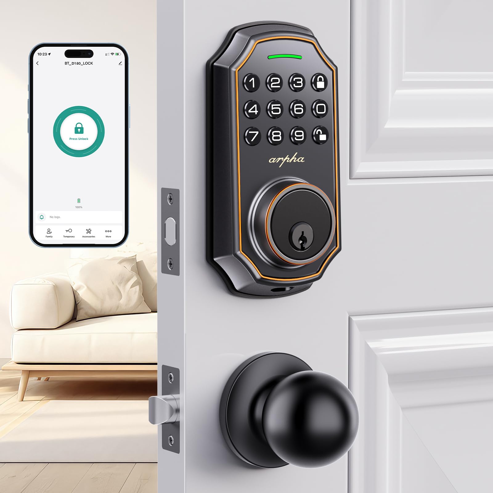 Arpha Smart Lock - Keyless Entry Door Lock With 2 Door Knobs, Electronic Deadbolt, App Control & Keypad Access, 100 Codes, Auto Lock, One-Time Code, Anti-Peep Password, Easy To Install For Front Door