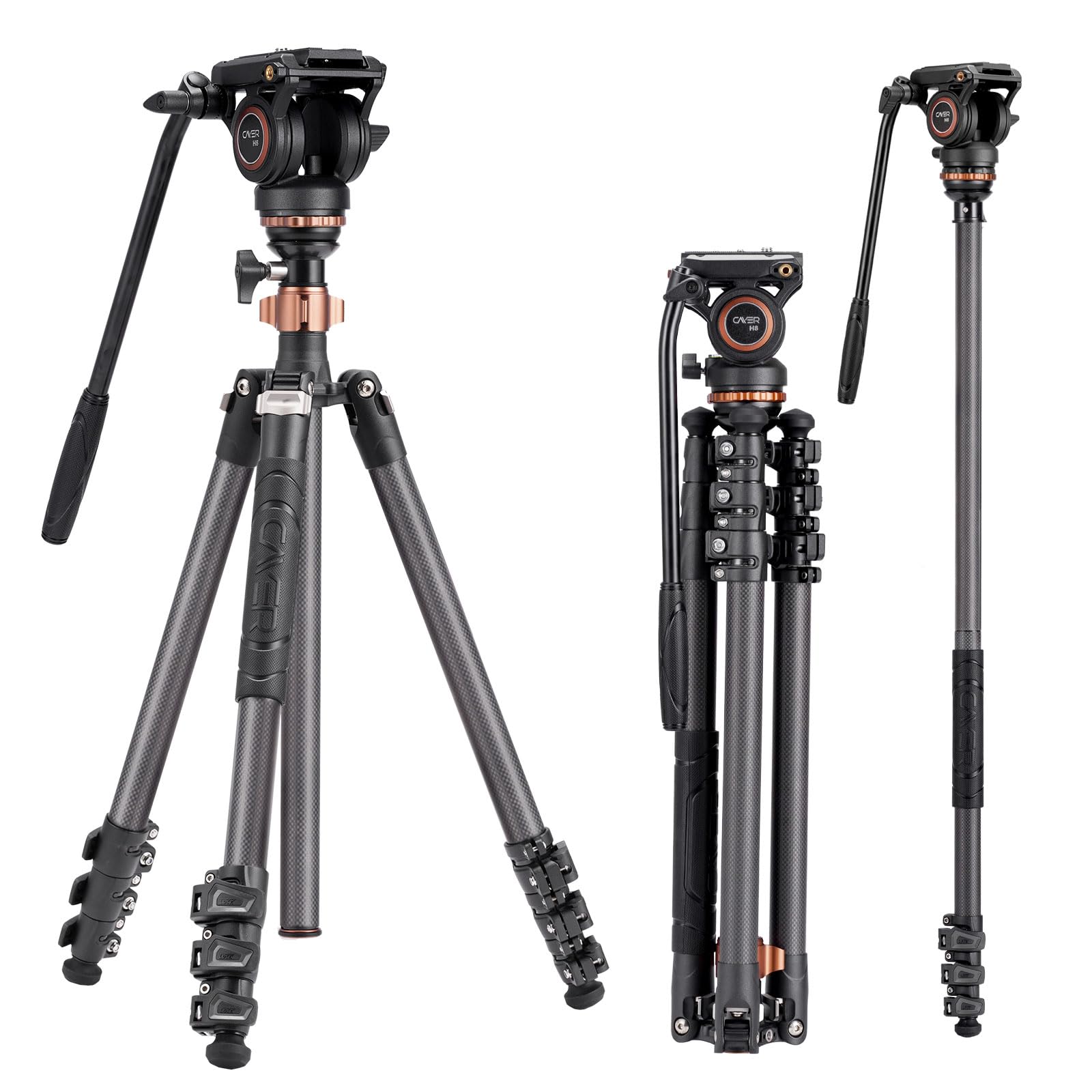 Cayer Cf2451 67 Inch Carbon Fiber Video Tripod With Fluid Drag Head, Compact 4 Section Dslr Tripod Converts To Monopod For Canon Nikon Sony Dslr Camera