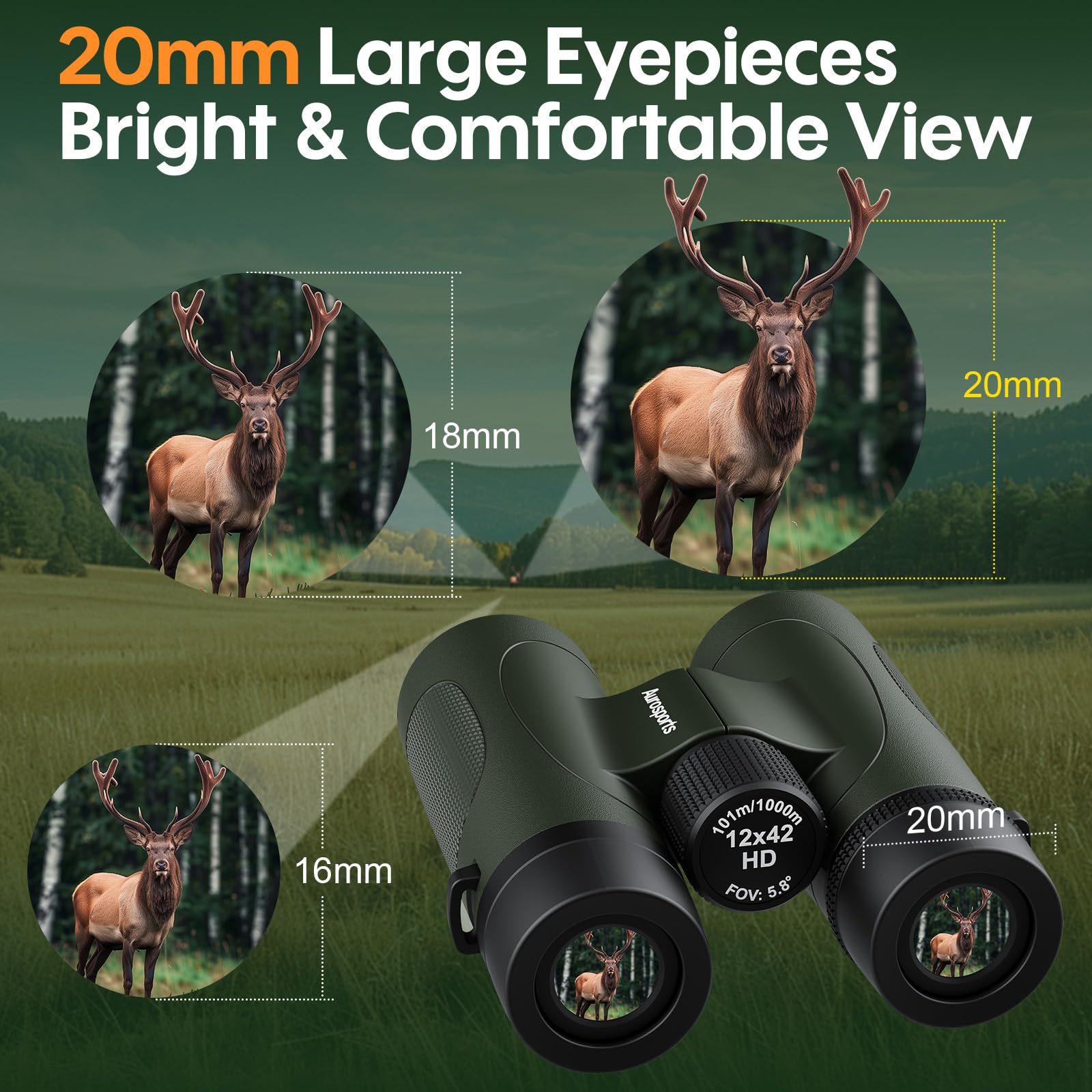 Aurosports 12X42 Uhd Waterproof Binoculars For Adults: Fogproof Shockproof High Powered Easy Focus - Large View Lightweight With Clear Low Light Vision For Bird Watching Hunting Trip Hiking Green