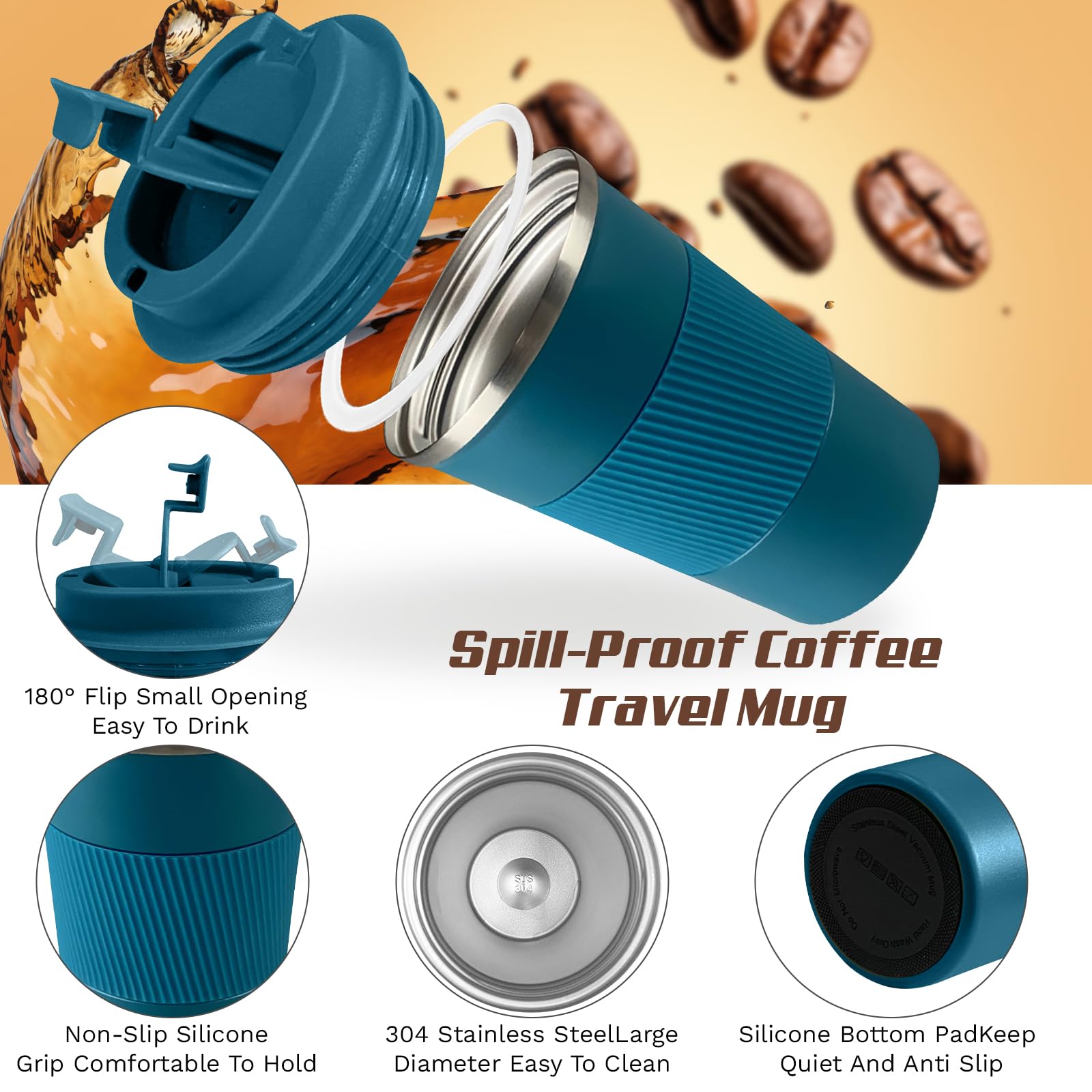 Vacuum-Insulated Stainless Steel Travel Coffee Mug, Leak-Proof Reusable Coffee Cup With Lid - Keep