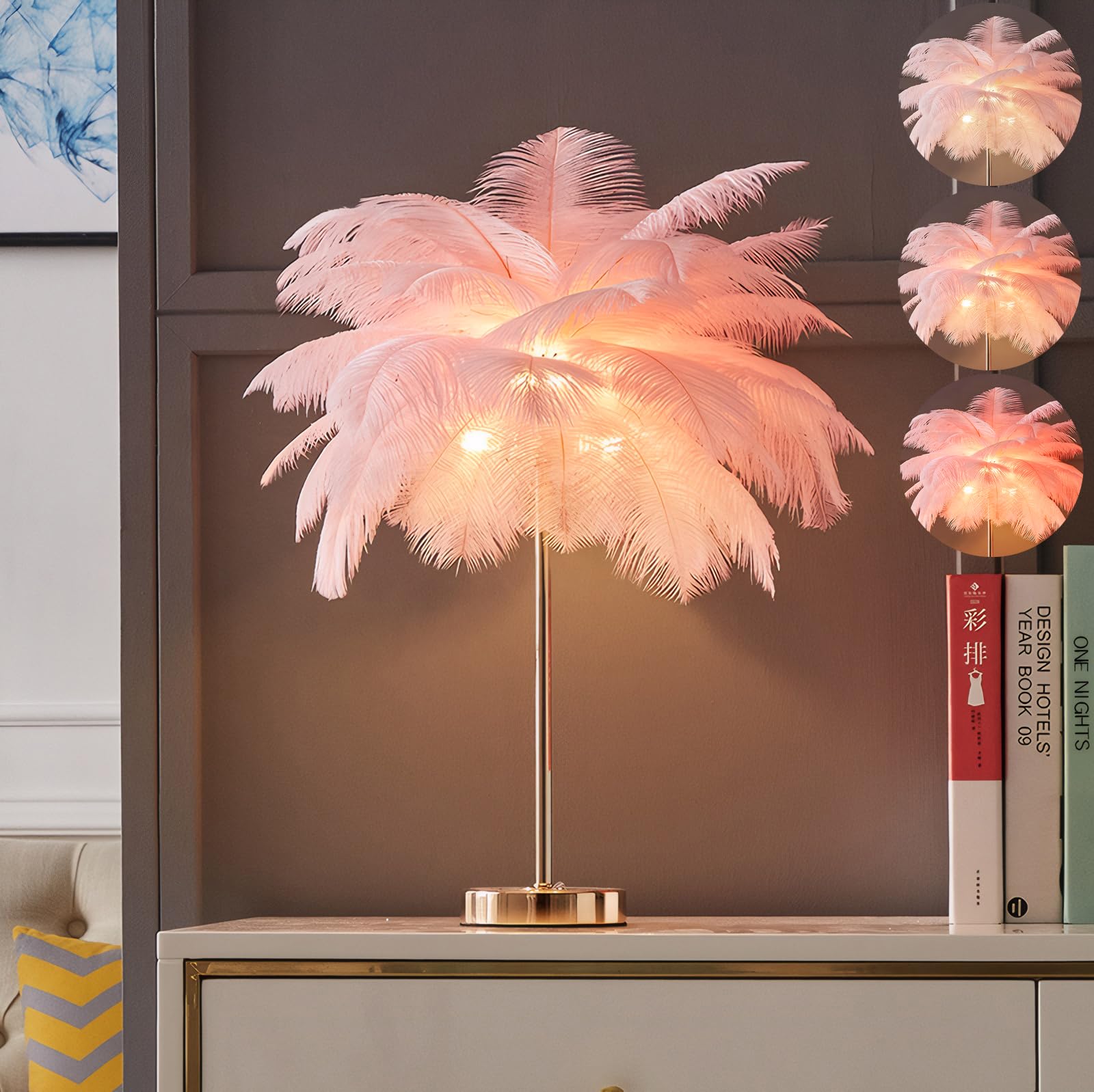 Lincwonz White Ostrich Feather Lamp,3-Color Temperatures Table Lamps For Girls Bedroom Funky Unique Cute Bed Side Nightstand Gold Desk Light (Bright Pink)