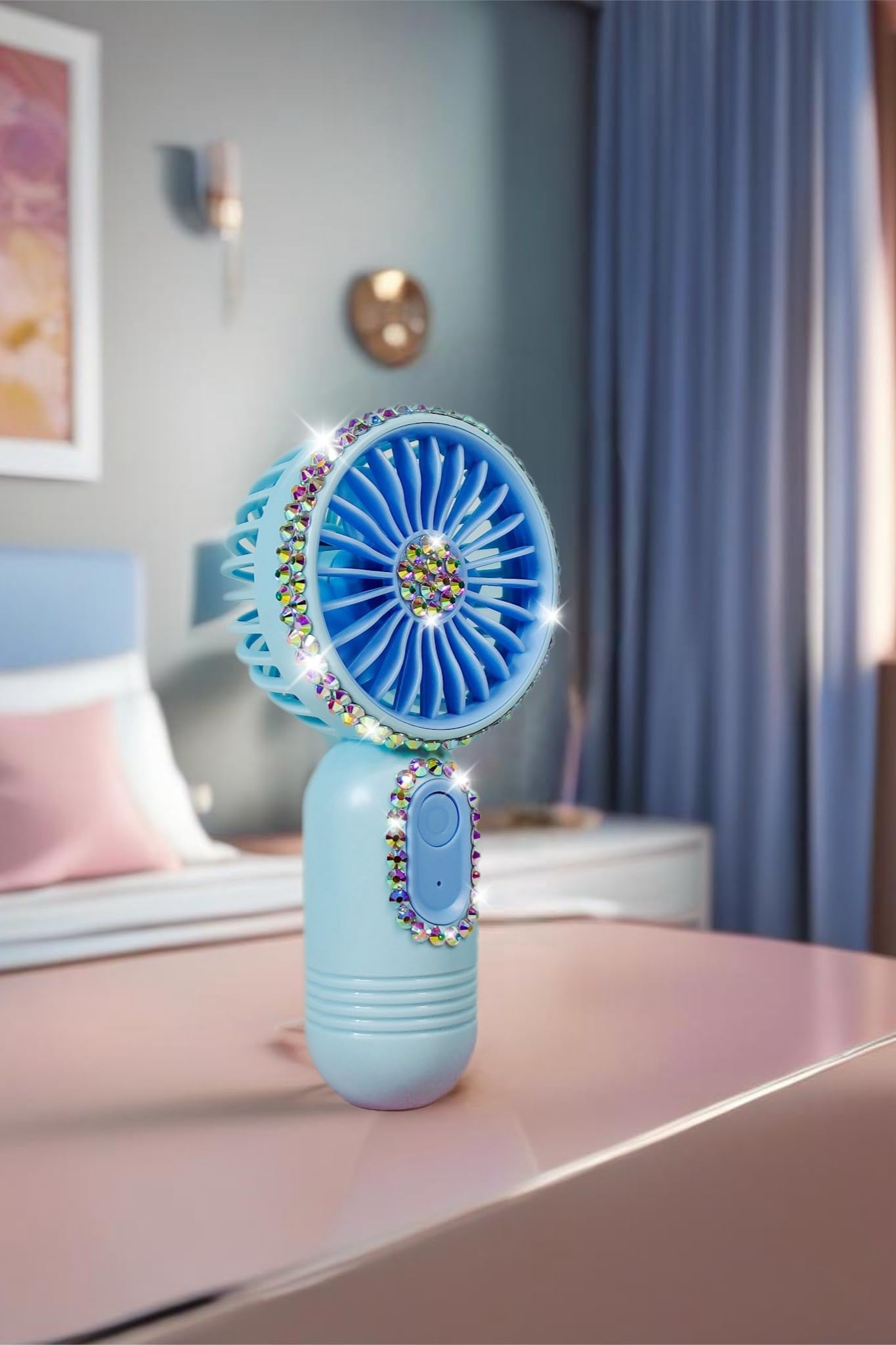 Portable rhinestone mini fan, 3-speed settings, USB rechargeable, ideal for stylish personal cooling