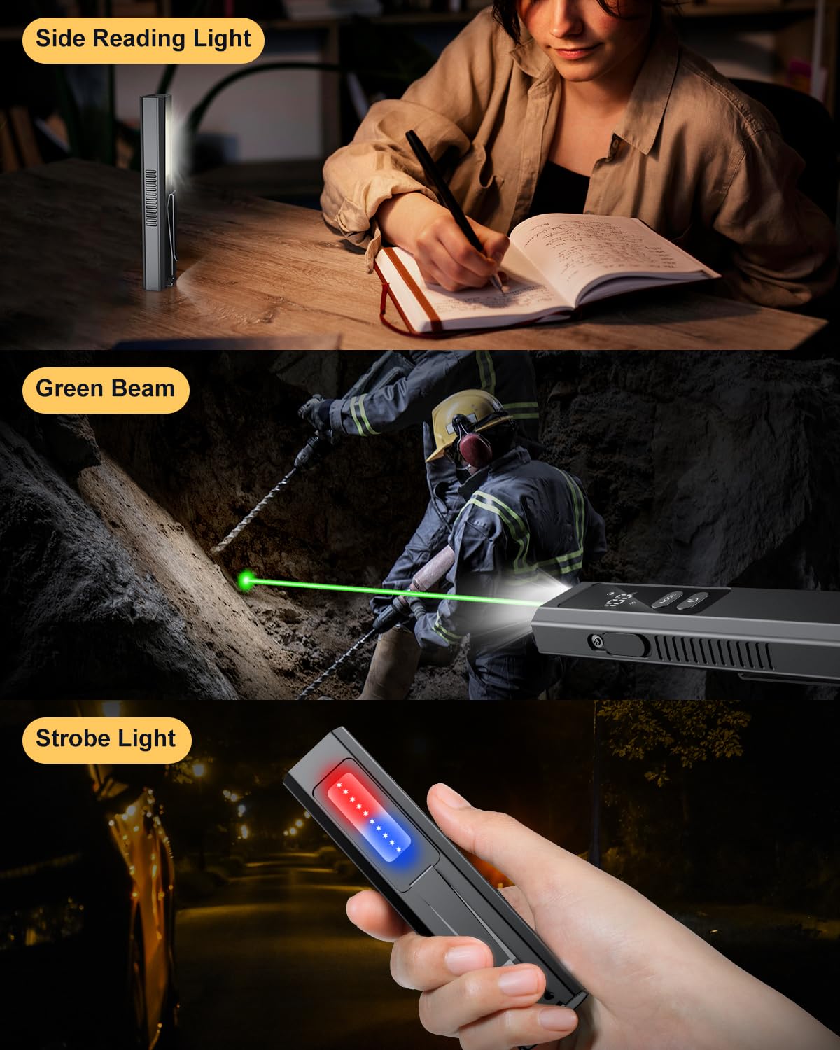 Pptslid Flat Edc Flashlight With 4 Light Sources: Main White Worklight, Side Warm Light With Red/Blue Flashing, Green Beam, Uv Magnetic Base, Pocket Clip, Rechargeable