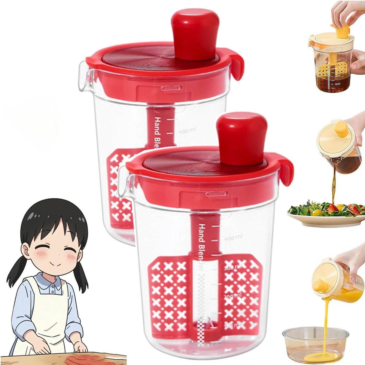 Beifengh Manual Egg Mixing Cup With Scale, Hand Blender, Salad Dressing Mixer Household Seasoning Mixer Hand Blender, Garlic Soy Sauce Mixing, Diy Homemade Dipping Sauce Kitchen Manual Mixing Tool(Red2)
