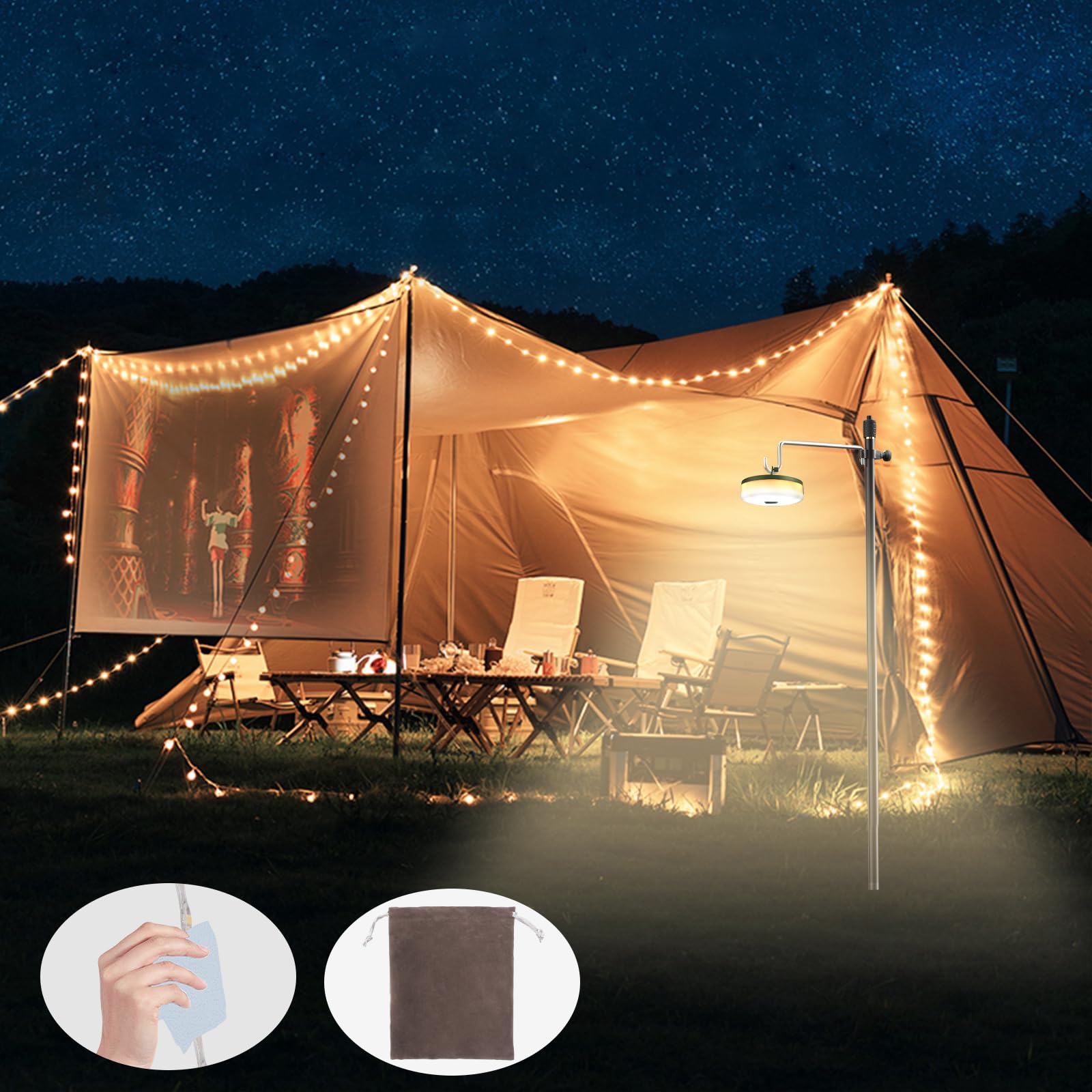 Ehome Camping String Lights, 2 In 1 Tent Lights With 8 Lighting Modes 32.8Ft Rechargeable Waterproof Portable Led Tent Lights For Camping, Camp Light For Camping, Yard, Hiking, Garden Party Decor