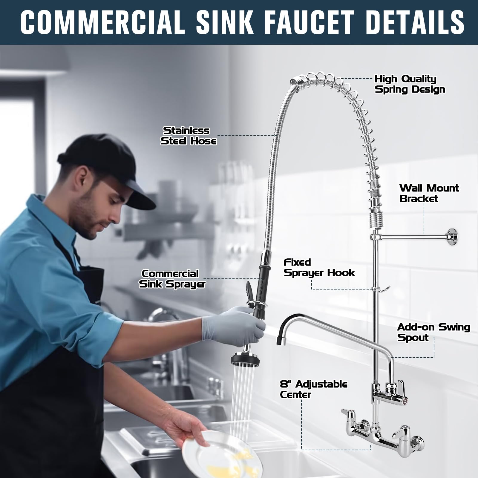 Bzimak Commercial Faucet With Sprayer, 25 Inch Height Commercial Sink Faucet Wall Mount With 8" Adjustable Center And 12" Add-On Swing Spout & Pull Down Pre Rinse Sprayer