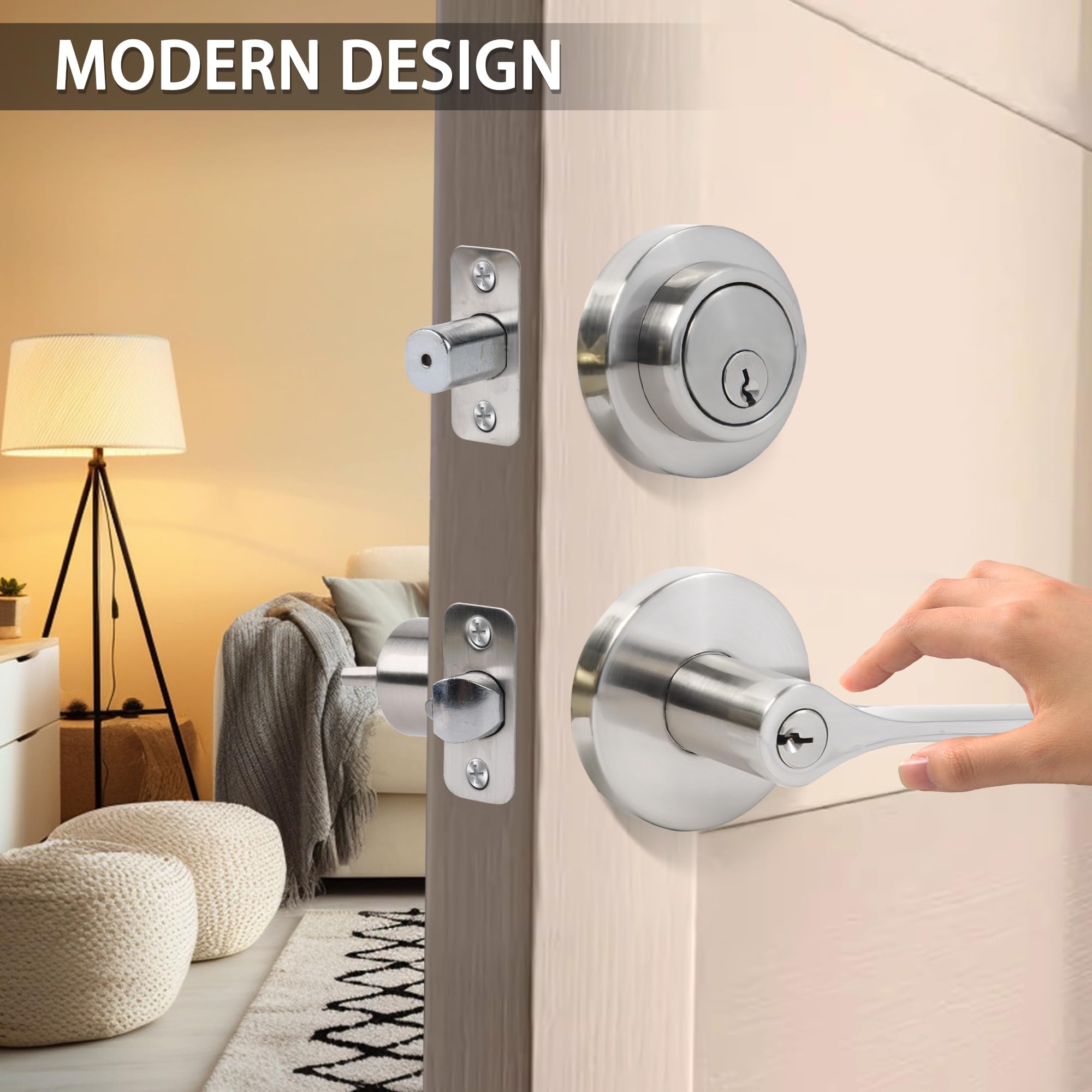Zevaway Keyed Alike Front Door Handle And Deadbolt Set, Round Heavy Duty Door Handle With Deadbolt Lock, Silver, 1 Pack