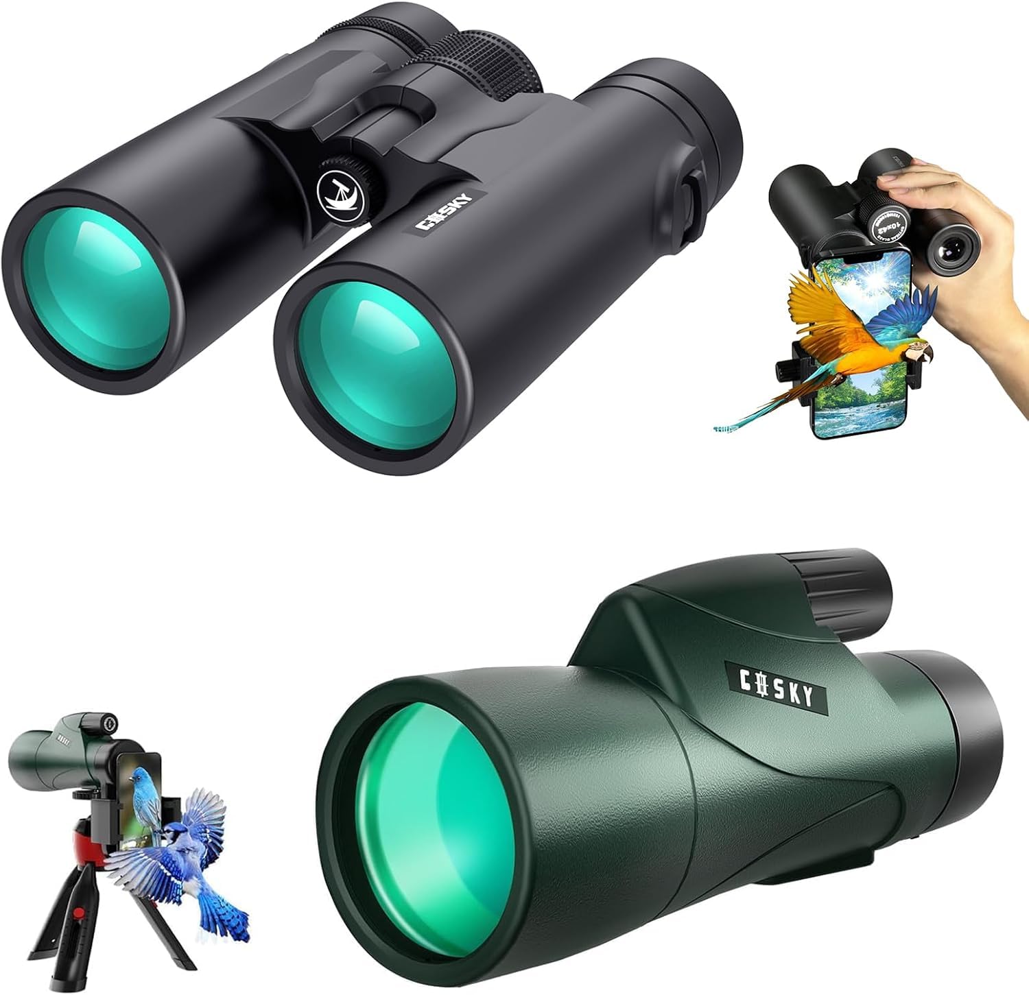 Gosky 10X42 Hd Binoculars For Adults (1 Pack) And Piper 12X55 Monoculars (1 Pack) With Universal Phone Adapter - High Power Telescopes For Bird Watching Safari Wildlife Scenery
