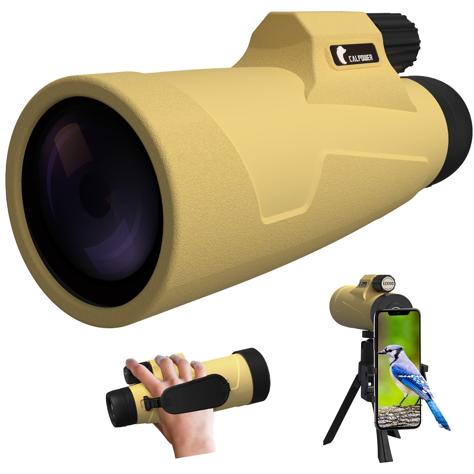 Calpower 12X50 Monocular Telescope High Powered For Adult - Compact Zoom Hd Monocular With Smartphone Adapter&Tripod - Bak 4&Fmc Lens Waterproof Monocular For Hunting, Hiking, Bird Watching, Camping Traveling