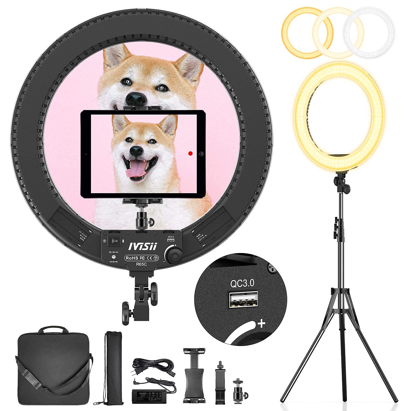 Ivisii 18 Inch Ring Light With Stand,60W Bi-Color 3000-5800K Professional Ring Lights With Tripod For Makeup Vlog, Tattoo Large Ring Light For Phone Camera Tablet