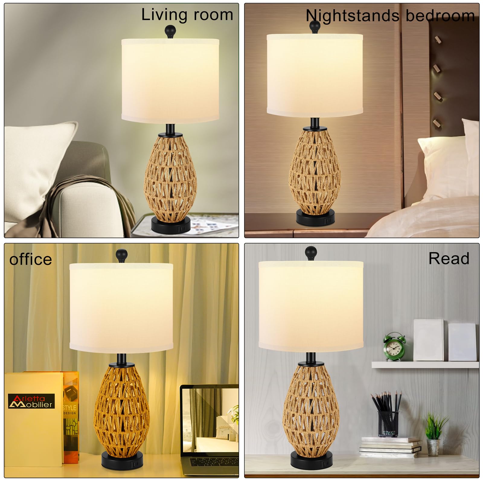Tpamswo Coastal Table Lamps Set Of 2, Retro Rattan Woven 24" Bedside Lamp, For Bedroom Living Room Home Nightstand Table Lamp(With Usb C+A 5V 2.1A Charging Ports)