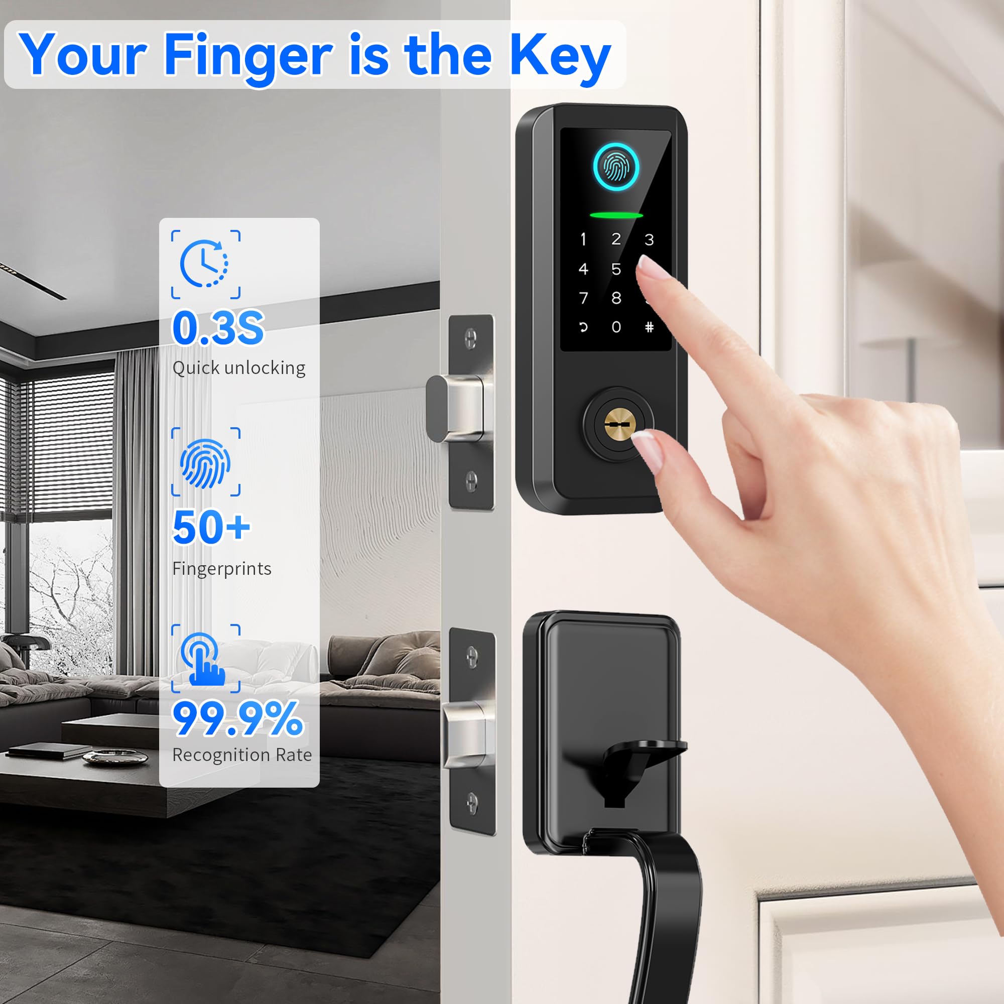 Yosimika Smart Keyless Entry Door Lock With Handle – Bluetooth Front Door Deadbolt With Fingerprint, App & Keypad Control, Alexa Compatible, Matte Black