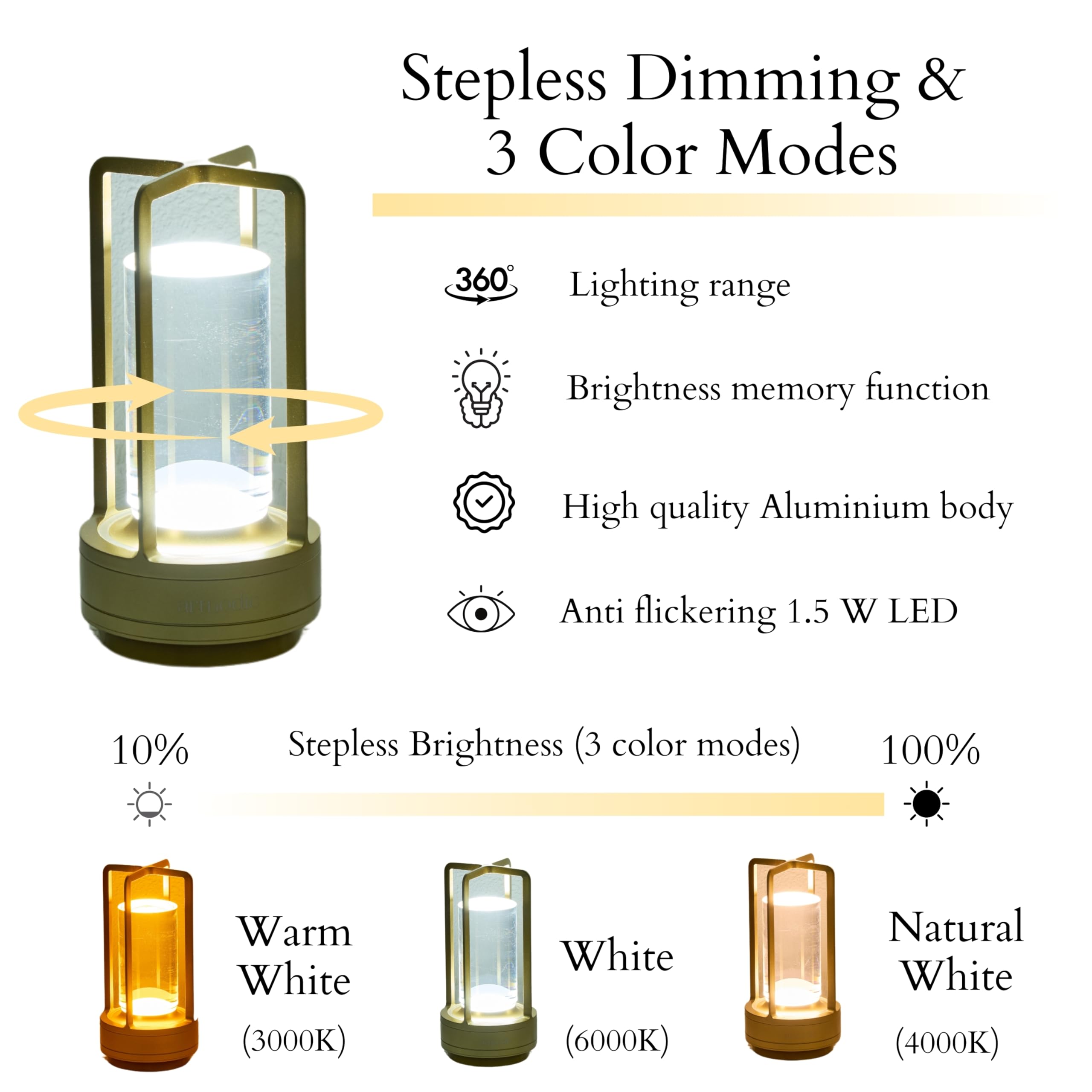 Artnodic Elysian Cordless Rechargeable Battery Operated Table Lamp, 3 Color Modes, Stepless Dimming With Touch, Modern Desk/Bed/Nursery Lamp (Silver)