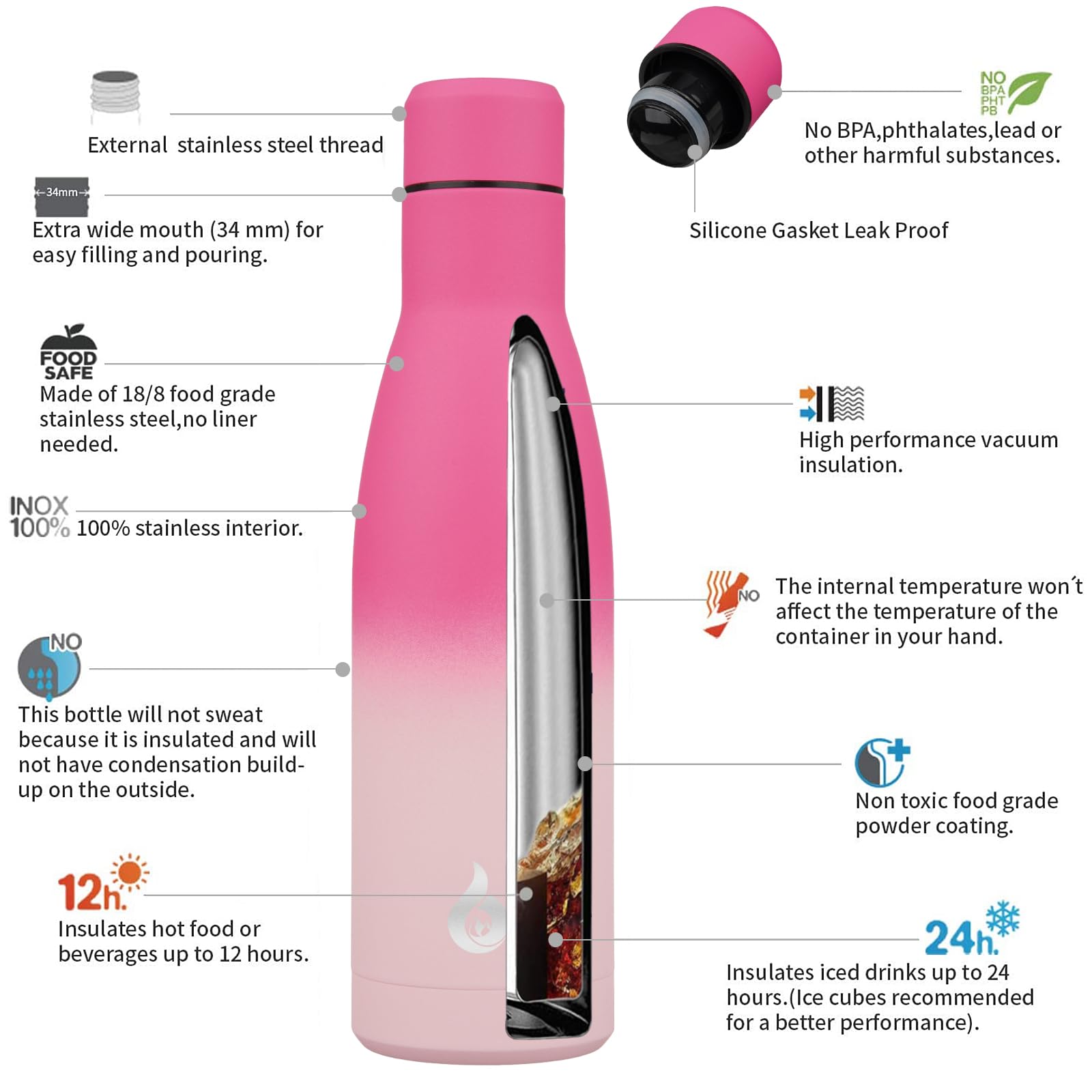 Bjpkpk Insulated Water Bottle 17Oz Stainless Steel Water Bottles Disawasher Safe Reusable Metal
