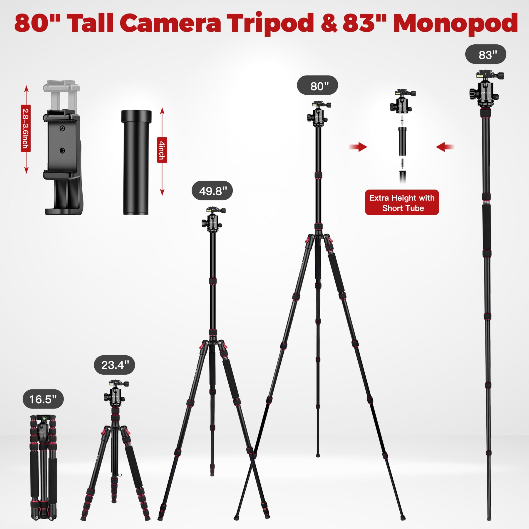 Victiv 80" Tripod, Aluminum Heavy Duty Camera Tripod Stand With 360° Ball Head, Camera Tripods & Monopods With Carry Bag, Professional Dslr Tripod For Canon Nikon Binoculars Spotting Scope Telescope