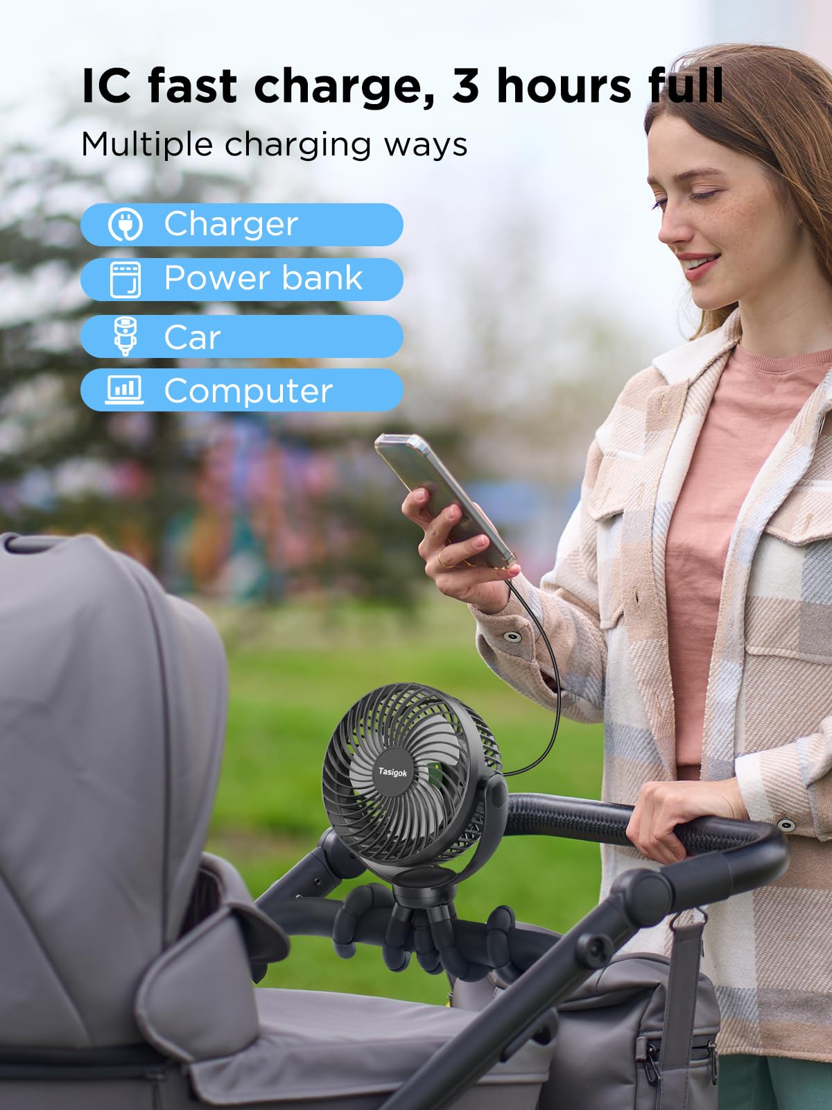 Portable Stroller Fan, 4000Mah Battery Operated Mini Baby Fan With Light, 26H 3 Speeds Rechargeable