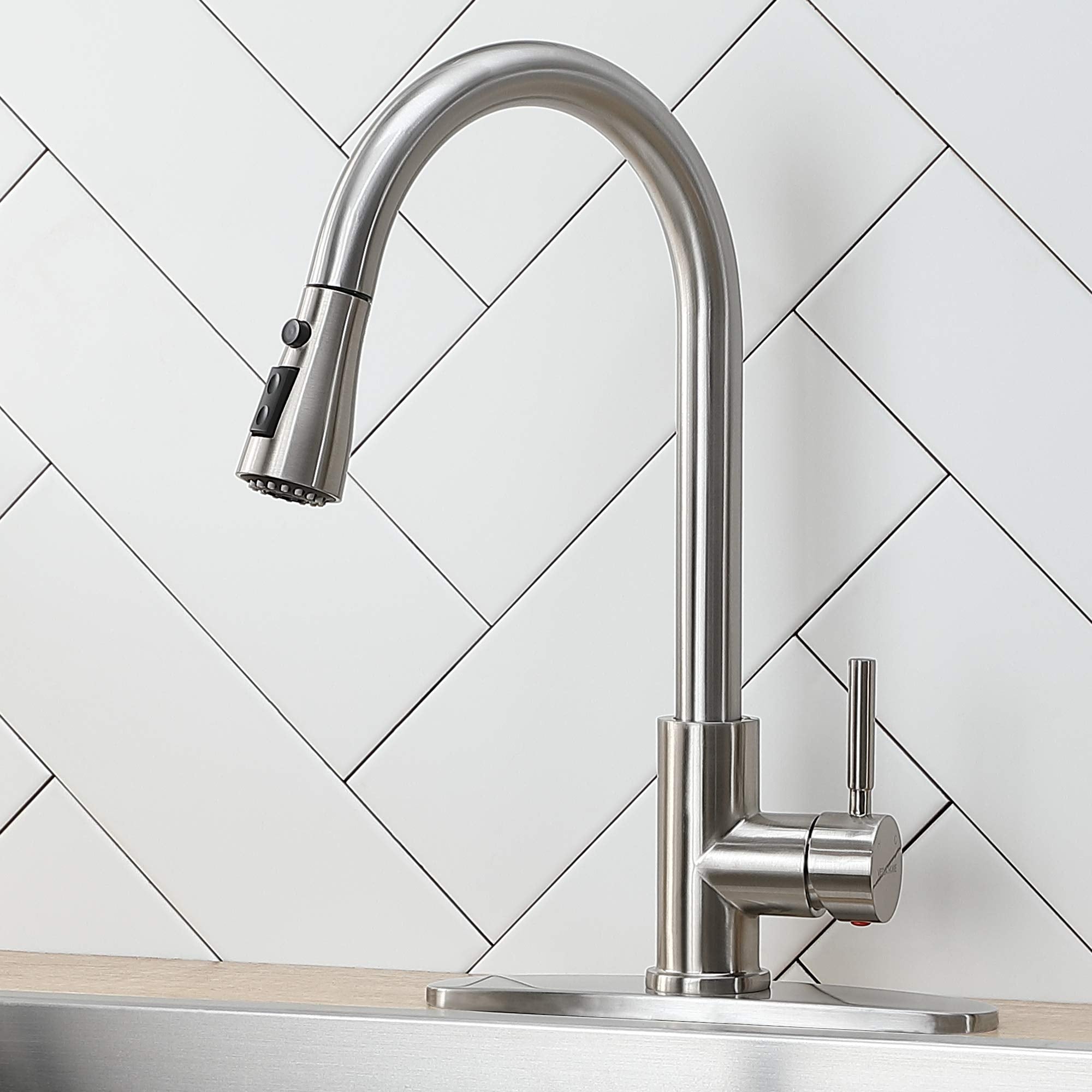 Ikebana Kitchen Faucet With Sprayer, Brushed Nickel Kitchen Faucet, High Arc Single Handle Single Hole Stainless Steel Pull Out Kitchen Sink Faucet With Deck Plate Faucet For Kitchen Sink