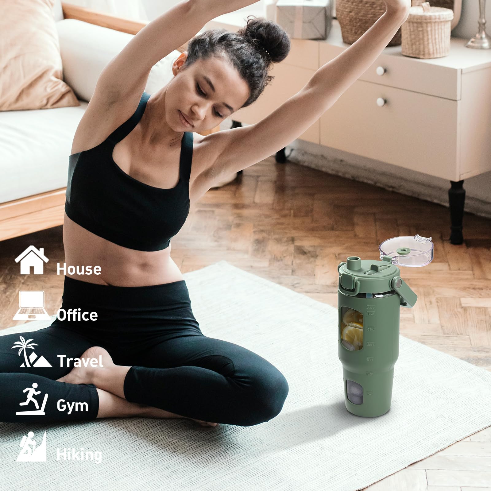 Bluego 32Oz Glass Water Bottle With Handle And StrawLeakproof Sports Glass Bottle With Time Marker