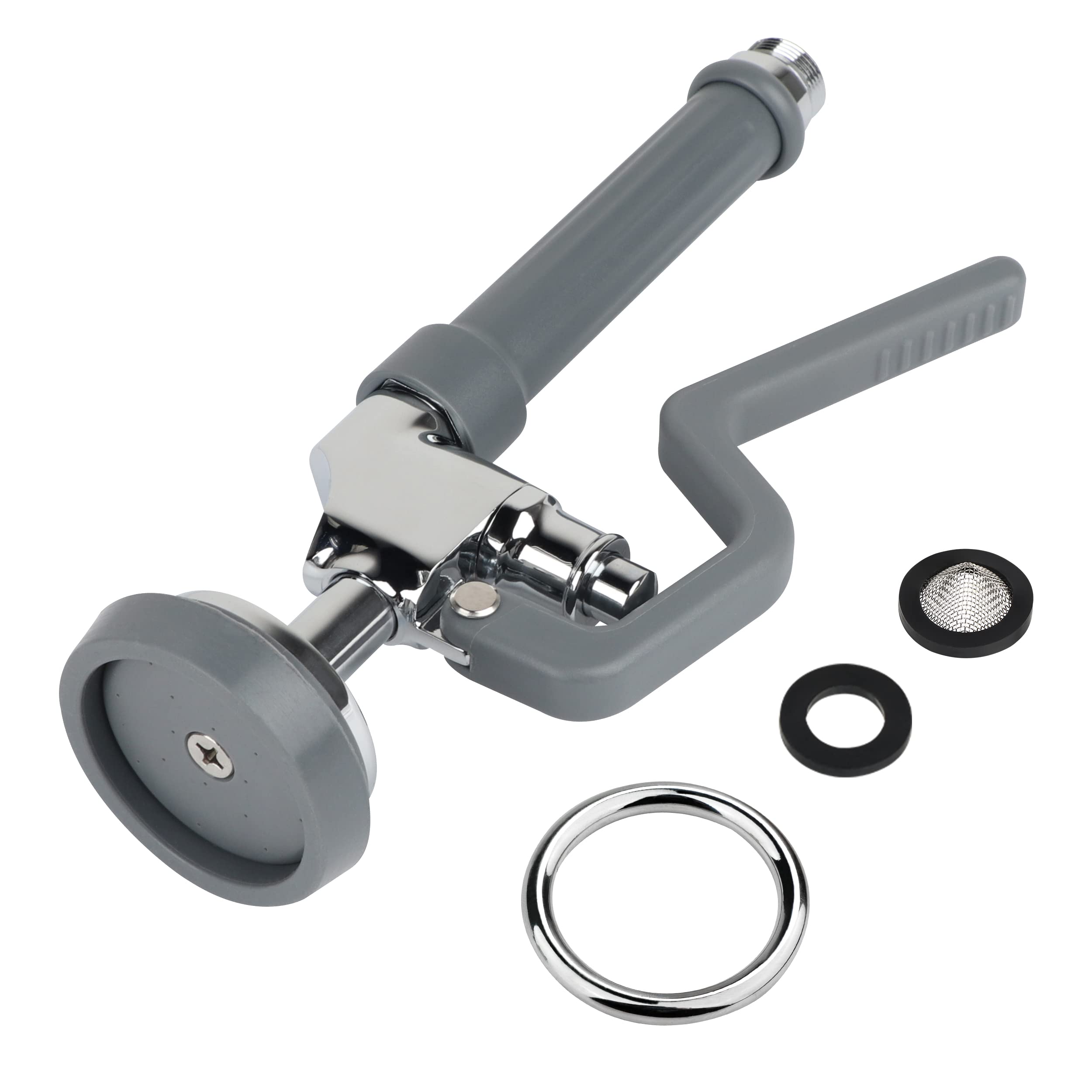 Tceumik Commercial Sink Sprayer Head With Handle Grip, Pre Rinse Spray Valve For Restaurant Kitchen Faucet 1.42Gpm High-Pressure Dish Sprayer Nozzle Assembly Replacement Kit Chrome Brushed (Gray)