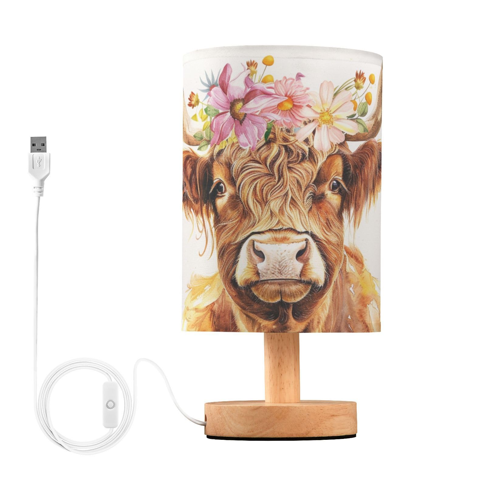 Oarencol Bedside Table Lamp Cute Highland Cow Flowers Nightstand Lamp With Wood Desk Lamps For Bedroom Living Room Nursery Office Home Decor