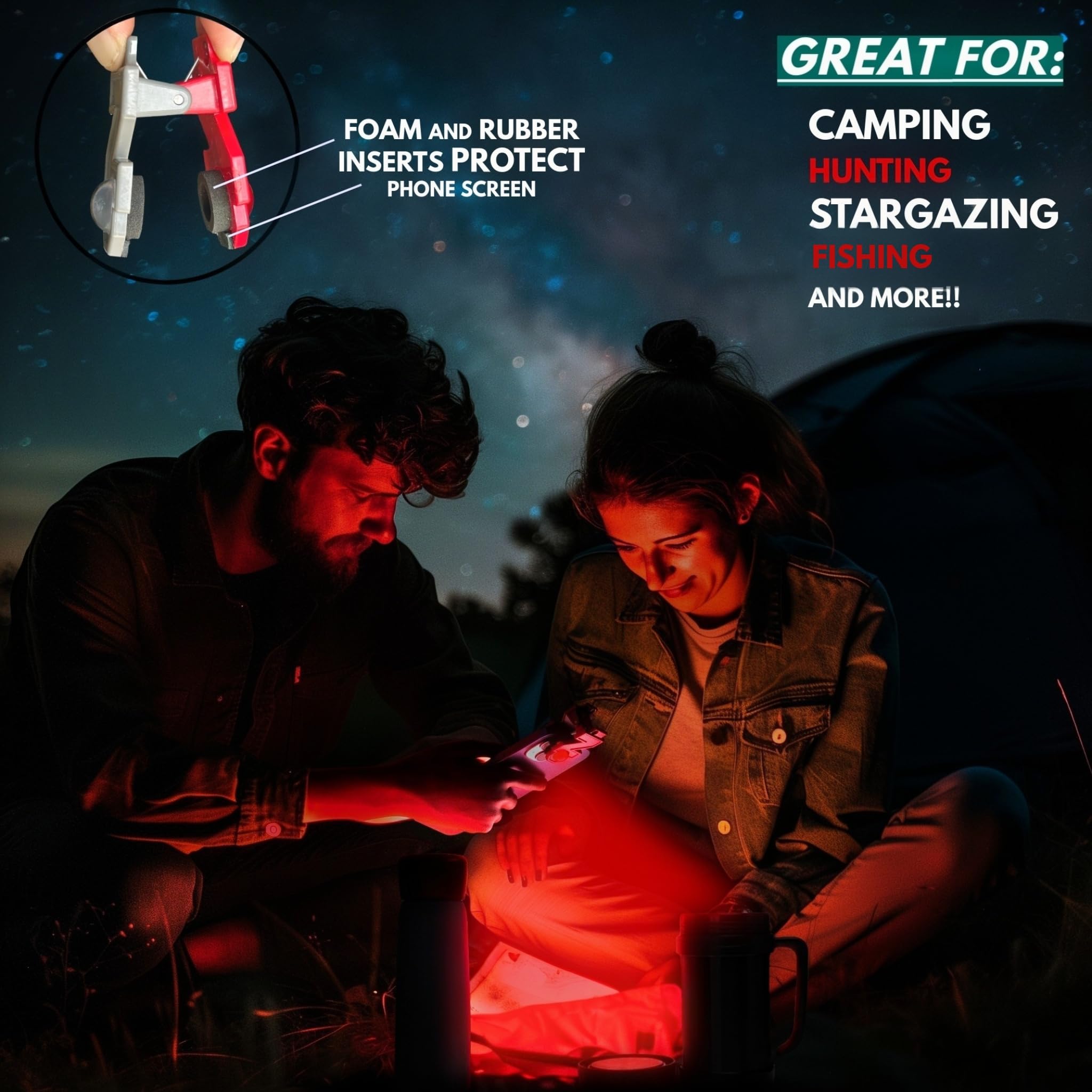 Zurueli Red Flashlight And Spotlight Adapter For Smartphones, 2-In-1 Outdoor Accessory For Camping, Fishing, Hunting, Astronomy, And Travel, No Batteries Or Charging Cords Required