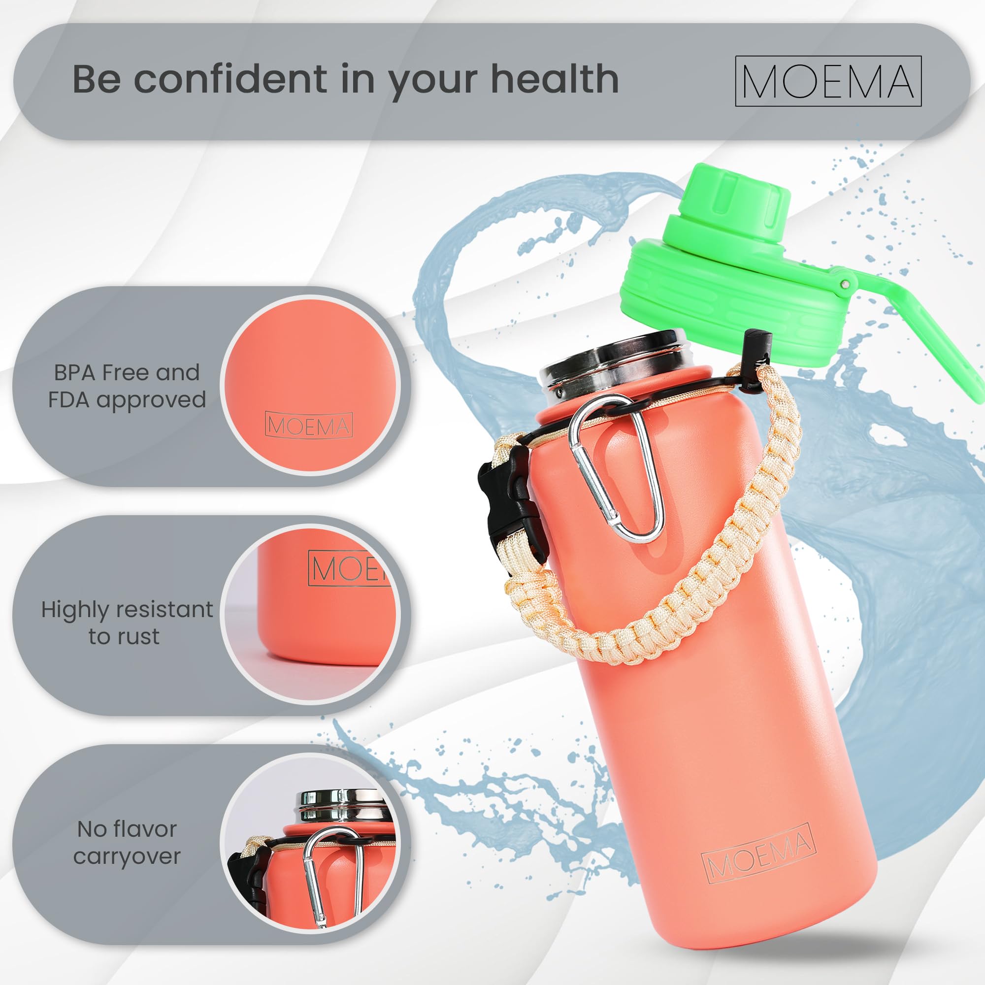 32Oz Insulated Water Bottle With Paracord Handle And Straw, Stainless Steel Cup With 2 Lids & Straw