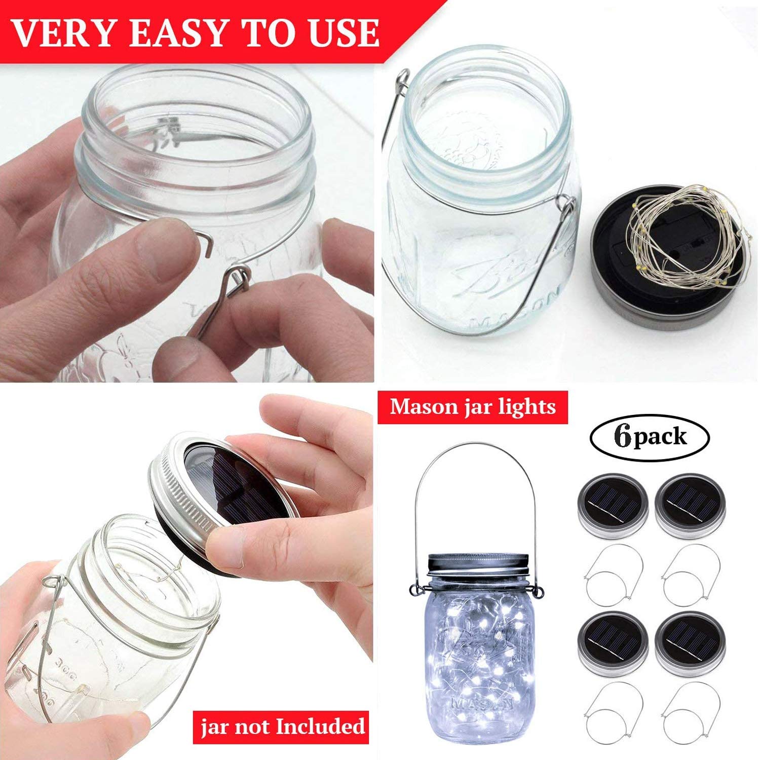 Vookry 6 Pack Solar Mason Jar Lights, 30 Led Mason Jar Lids Waterproof Firefly Fairy String Lights With 6 Hangers(No Jars), For Outdoor Patio Garden Yard Lawn Party Wedding Decoration - Cool White