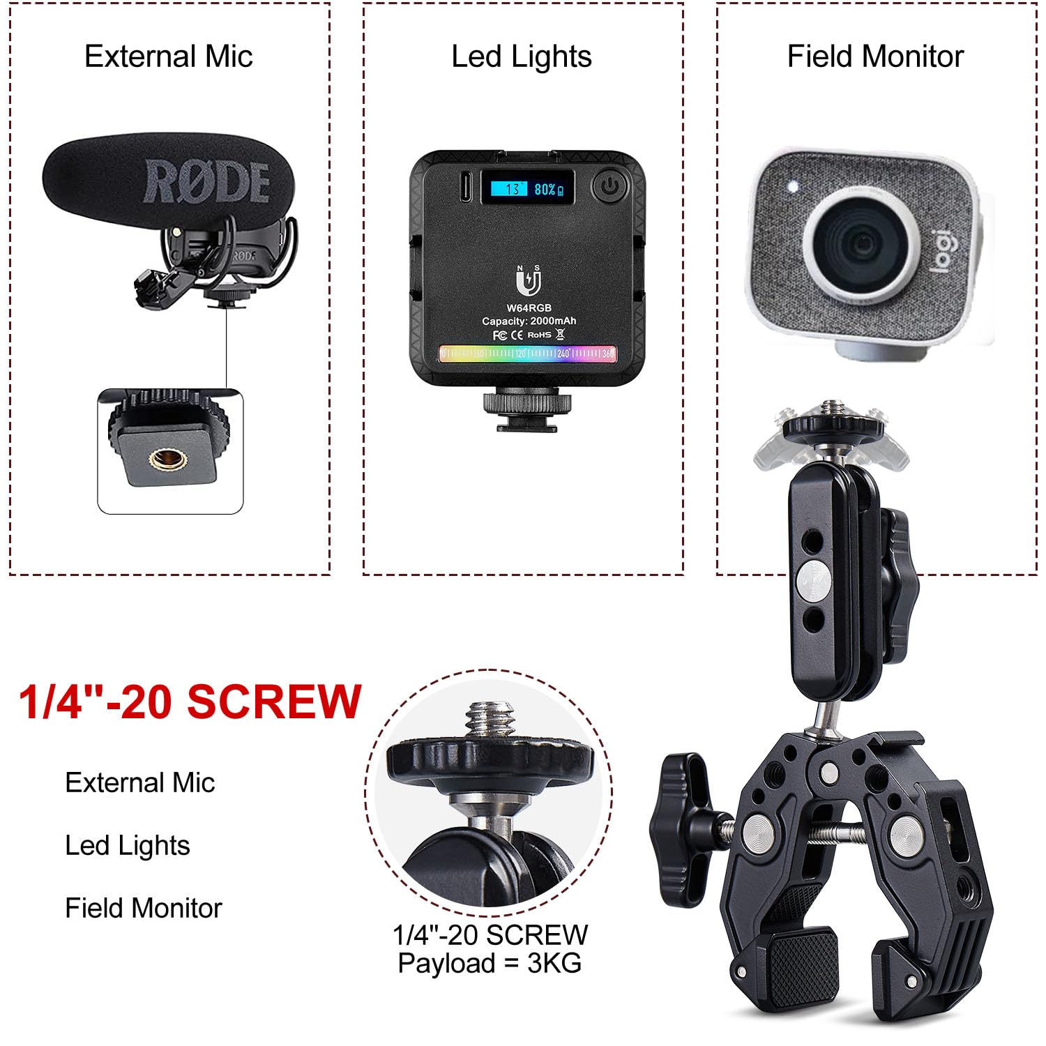 Aitteel Super Clamp Magic Arm, Dual Ball Head, Expandable Cold Shoe 1/4 3/8 Threaded For Desktop, Tripod, Outdoor, Railing, For Cameras, Sports Cameras, Dslrs, Cell Phones, Gopro, Microphones Monitors, Leds