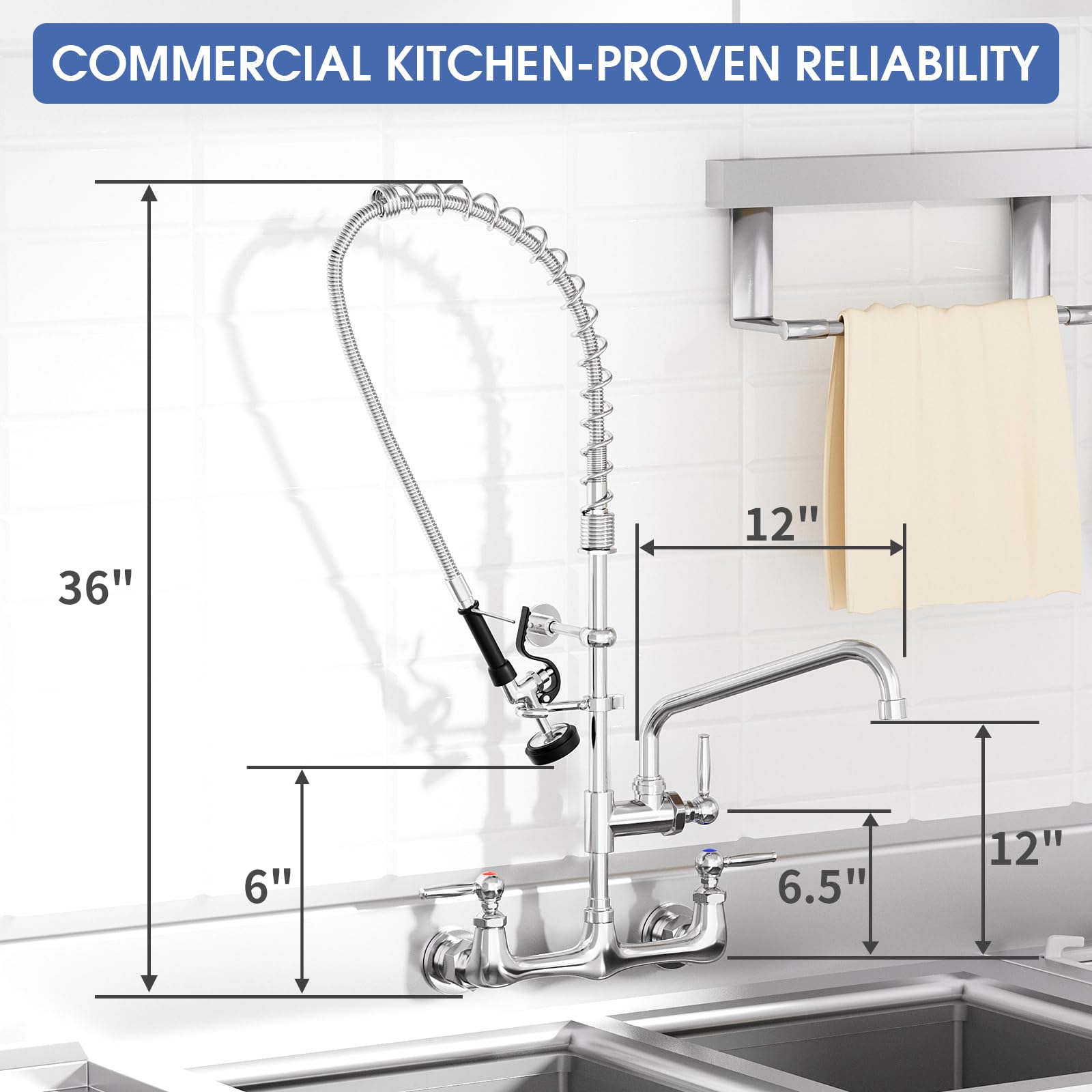 Nymeliu Commercial Sink Faucet With Sprayer 36" Height Commercial Kitchen Faucet Wall Mount With 12" Add-On Spout, Stainless Steel Hose Pre-Rinse Sprayer For Restaurant